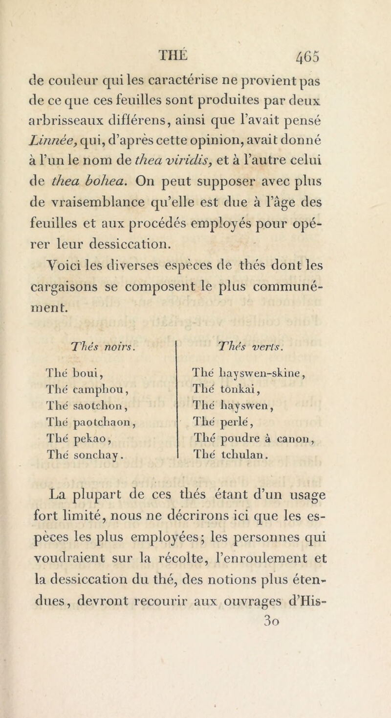 de couleur qui les caractérise ne provient pas de ce que ces feuilles sont produites par deux arbrisseaux diflérens, ainsi que l’avait pensé Linnêe, qui, d’après cette opinion, avait donné à l’un le nom de thea viridis, et à l’autre celui de thea bohea. On peut supposer avec plus de vraisemblance qu’elle est due à l’âge des feuilles et aux procédés employés pour opé- rer leur dessiccation. Voici les diverses espèces de thés dont les cargaisons se composent le plus communé- ment. Thés noirs. Thés verts. Thé boui, Thé camphou, Thé saotchon, Thé paotcliaon, Thé pekao, Thé soncliay. Thé hayswen-skine, Thé tonkai, Thé hayswen, Thé perlé, Thé poudre à canon, Thé tcliulan. La plupart de ces thés étant d’un usage fort limité, nous ne décrirons ici que les es- pèces les plus employées; les personnes qui voudraient sur la récolte, l’enroulement et la dessiccation du thé, des notions plus éten- dues, devront recourir aux ouvrages d’His- 3o
