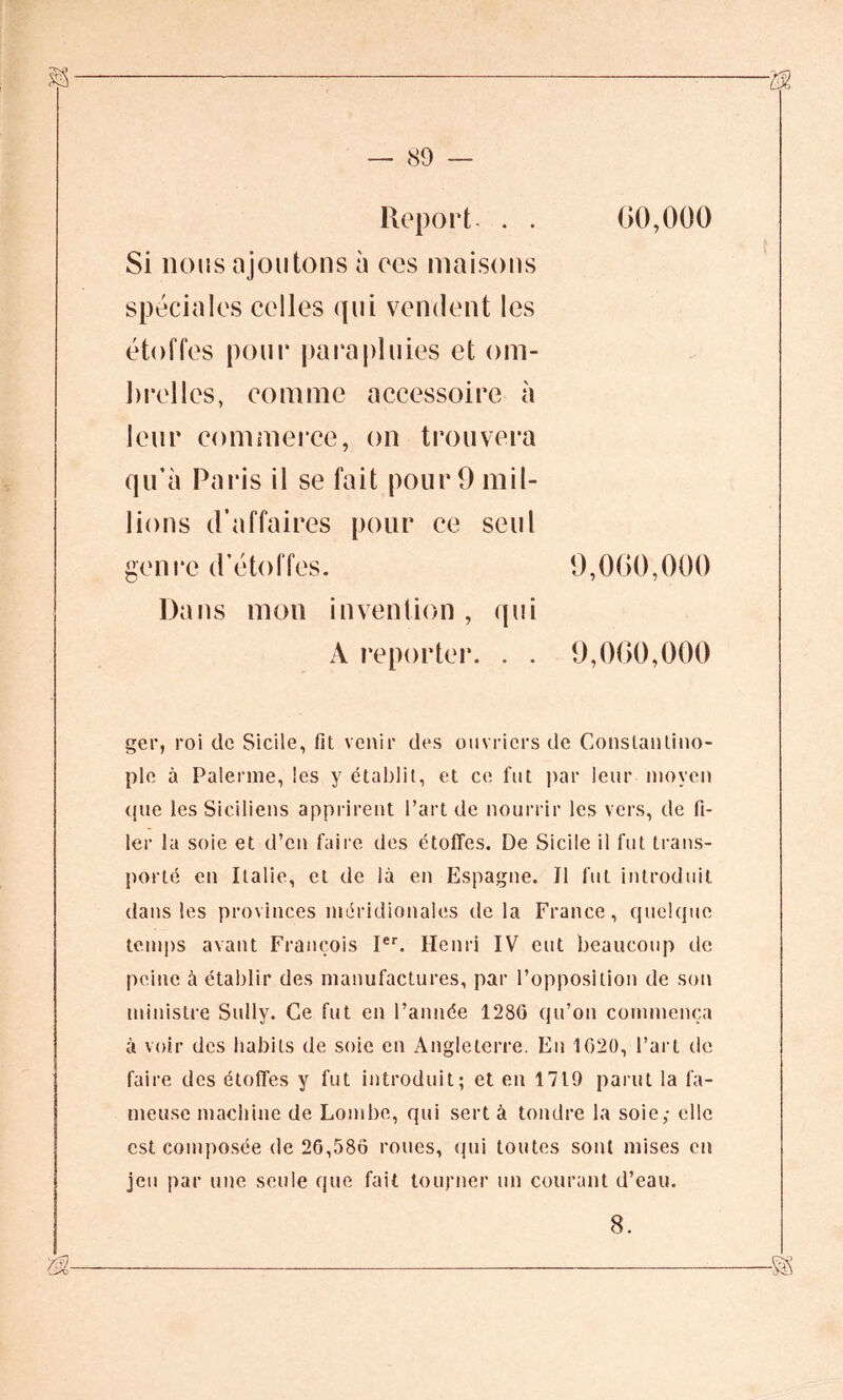 Report . . Si nous ajoutons à ces maisons spéciales celles qui vendent les étoffes pour parapluies et om- brelles, comme accessoire à leur commerce, on trouvera qu’à Paris il se fait pour 0 mil- lions d’affaires pour ee seul genre d’étoffes. Dans mon invention, qui À reporter. . . 00,000 9,000,000 9,000,000 ger, roi de Sicile, fit venir des ouvriers de Constantino- ple à Païenne, les y établit, et ce fut par leur moyen que les Siciliens apprirent l’art de nourrir les vers, de fi- ler la soie et d’en faire des étoffes. De Sicile il fut trans- porté en Italie, et de là en Espagne. Il fut introduit dans les provinces méridionales delà France, quelque temps avant François Ier. Henri IV eut beaucoup île peine à établir des manufactures, par l’opposition de son ministre Sully. Ce fut en l’année 1280 qu’on commença à voir des habits de soie en Angleterre. En 1020, l’art de faire des étoffes y fut introduit; et en 1719 parut la fa- meuse machine de Loinbe, qui sert à tondre la soie; elle est composée de 26,586 roues, qui toutes sont mises en jeu par une seule que fait tourner un courant d’eau. 8.