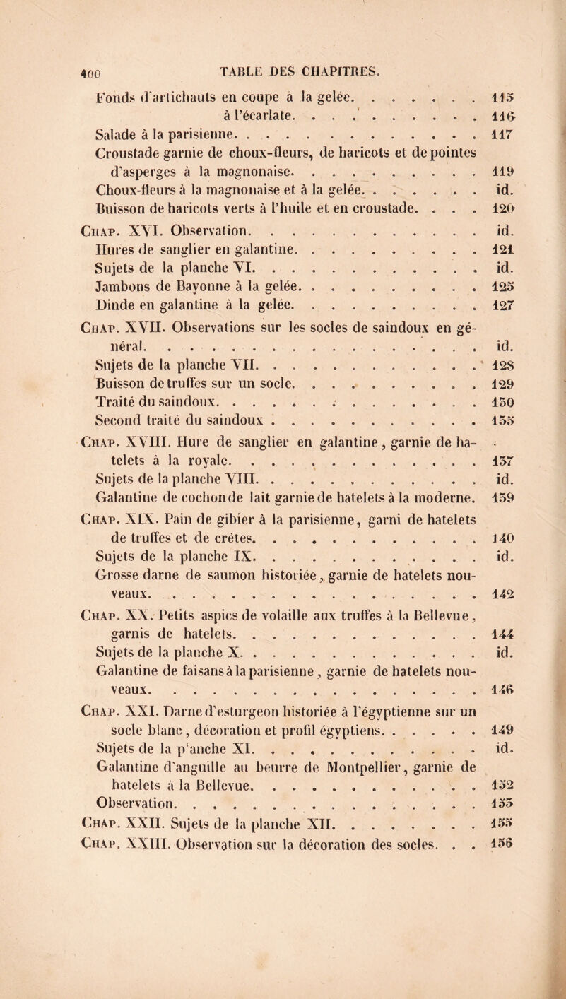 Fonds d’artichauts en coupe a la gelée. ...... U.» à l’écarlate. . . 116 Salade à la parisienne. 117 Croustade garnie de choux-fleurs, de haricots et de pointes d’asperges à la magnonaise. ......... 119 Choux-fleurs à la magnonaise et à la gelée. ...... id. Buisson de haricots verts à l’huile et en croustade. . . . 120 Chap. XVI. Observation. ........... id. Hures de sanglier en galantine 121 Sujets de la planche VI . . id. Jambons de Bayonne à la gelée. ......... 125' Dinde en galantine à la gelée 127 ChAp. XVII. Observations sur les socles de saindoux en gé- néral id. Sujets de la planche Vif. ........... 128 Buisson de truffes sur un socle. . 129 Traité du saindoux . 150 Second traité du saindoux 155 Chàp. XVIII. Hure de sanglier en galantine, garnie de ha- telets à la royale 157 Sujets de la planche VIII id. Galantine de cochon de lait garnie de hatelets à la moderne. 159 Chap. XIX. Pain de gibier à la parisienne, garni de hatelets de truffes et de crêtes. 140 Sujets de la planche IX id. Grosse darne de saumon historiée,, garnie de hatelets nou- veaux 142 Chap. XX. Petits aspics de volaille aux truffes à la Bellevue, garnis de hatelets. 144 Sujets de la planche X. ........... . id. Galantine de faisans à la parisienne, garnie de hatelets nou- veaux 146 Chap. XXI. Darne d’esturgeon historiée à l’égyptienne sur un socle blanc , décoration et profil égyptiens 149 Sujets de la p’anche XI id. Galantine d'anguille au beurre de Montpellier, garnie de hatelets à la Bellevue. 152 Observation. 155 Chap. XXII. Sujets de la planche XII. 155 Chap. XXIII. Observation sur la décoration des socles. . . 156