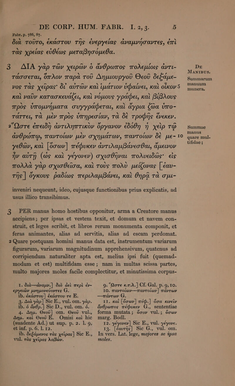 Fabr, p. 786, 87. - ε T d ^ 3 διὰ τοῦτο, ἑκάστου τῆς ἐνεργείας ἀναμνήσαντες, ἐπὶ A / 34^ / τὰς χρείας εὐθέως μεταβησομεθα. hy ^ ^ 5’ / 3 ΔΙΑ γαρ τῶν χειρῶν ὁ ἄνθρωπος πολεμίοις ἀντι- VE , ο x A A) A ^ 1ANIBUS. τάσσεται, ὅπλον παρὰ τοῦ Δημιουργοῦ Θεοῦ δεξάμε- Summarum ν - 3 , 329 ΝΉΕ ΕΣ ε f NC “9 manuum νος τᾶς χεῖρας' δι αὐτῶν καὶ ἱμάτιον ὑφαίνει, καὶ οἶκον ὅ munera. Ν ^ / ~ / ΄ * / καὶ ναῦν κατασκευάζει, καὶ νόμους γράφει, καὶ βίβλους N [ή » y ^ πρὸς ὑπομνήματα συγγράφεται, καὶ ἄγρια ζῶα ὑπο- /d Ν N ~Y ^ N . ΄ν o τάττει, τὰ μὲν προς ὑπηρεσίαν, τὰ δὲ τροφῆς évekev. 3 Ώ 9 ὃ * 9 λ * » 3 ὃ ’ 0 [4 9 ^ É στε ἐπειδη ἀντιληπτικον ὄργανον ἐδοθη ἡ χεὶρ TQ —— Summae 3 0 á / X ΄ / δὲ 1Ο Inanus τον µε σχημάτων, TEPTOHAP δε He- I9 quare mul- tifidae 5 γεθῶν, καὶ |ὅσων] πέφυκεν ἀντιλαμβάνεσθαι, ἄμεινον ἦν αὐτῇ (ὡς καὶ γέγονεν) σχισθῆναι πολυειδῶς' εἰς ^ Ν Χ ε πολλὰ γὰρ σχισθεῖσα, καὶ τοὺς πολὺ μείζονας | éav- ης | ὄγκους ῥαδίως περιλαμβάνει, καὶ θηρᾷ τὰ opt- τῆς ] ὄγκους ῥαδίως περιλαμβάνει, καὶ θηρᾷ τὰ σμ inveniri nequeunt, ideo, cujusque functionibus prius explicatis, ad usus illico transibimus. 3 PER manus homo hostibus opponitur, arma a Creatore manus accipiens; per ipsas et vestem texit, et domum et navem con- struit, et leges scribit, et libros rerum monumenta componit, et feras animantes, alias ad servitia, alias ad escam perdomat. 2 Quare postquam homini manus data est, instrumentum variarum figurarum, variarum magnitudinum apprehensivum, quatenus ad corripliendum ` naturaliter apta est, melius ipsi fuit (quemad- modum et est) multifidam esse; nam in multas scissa partes, multo majores moles facile complectitur, et minutissima corpus- I. διὰ---ἀναμν.] διὸ ἀεὶ περὶ èv- εργειῶν μνημονεύοντες G. ib. ἑκάστου] ἑκάστου τε E. 3. Διὰ γὰρ] Sic E., να]. om. γὰρ. ib. ὁ ἄνθρ.] Sic D., να]. om. ὁ. 4. Δημ. Θεοῦ] om. Θεοῦ vul, 9. Ὥστε κ.τ.λ.] Cf. Gal. p. 9, το. IO. παντοίων---παντοίων | πάντων ---πάντων G. 11. καὶ [ὅσων] πέφ.] ὅσα κινεῖν ἄνθρωπος πέφυκεν G., sententiae forma mutata; ὅσον vul.; ὅσων Δημ. καὶ Θεοῦ E. Omisi καὶ hic (suadente Ad.) ut sup. p. 2. l. 9, et inf. p. 6. 1. 12. ib. δεξάμενος τὰς χεῖραε] Sic E., vul. τὰς xeipas λαβών. marg. Bodl. 12. γέγονεν] Sic E., vul. γέγονε. I3. [ἑαυτῆε] Sic G., vul. om. In vers. Lat. lege, majores se ipsa moles.