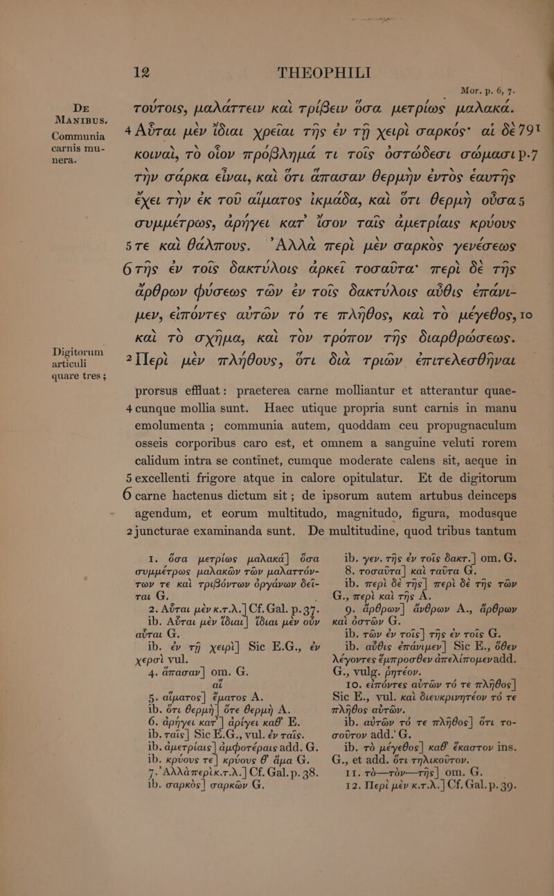 Communia carnis mu- nera. Digitorum articuli 12 THEOPHILI Mor. p. 6, 5. / Z ν / A pig 1 ΄ e Δ A ^ ^ 5 - ν / E N 4 Αὗται μεν ἴδιαι χρεῖαι τῆς ἐν τῇ χειρὶ a'apkos* αἱ 0e79! hy N fe / £ A 5, / £ κοιναὶ, TO οἷον προβλημά τι τοῖς ὀστώδεσι σώμασι ρ.7 ον r 5 Nod er x 3 x e ^ την σαρκα εἶναι, καὶ OTL ἅπασαν θερμήν ἐντὸς ἑαυτῆς » N 3 ^ e 5 Z NUM . 5 έχει την ἐκ τοῦ αἵματος ἰκμάδα, καὶ OTL θερµη οὖσας L4 5 ’ TÄ ^ 4 ’ συμμέτρως, ἀρήγει kar ἴσον ταῖς ἀμετρίαις κρύους T4 ὅτε καὶ θάλπους. ᾿Αλλὰ περὶ μὲν σαρκὸς γενέσεως TNS ἐν τοῖς δακτύλοις ἀρκεῖ τοσαῦτα: περὶ δὲ τῆς y 7 ^ > ^ / 5 το; ἄρθρων φύσεως τῶν ἐν τοῖς δακτύλοις αὖθις ἐπάνι- f ^ [4 ^ N z μεν, εἴποντες αὐτῶν TO τε πλῆθος, καὶ τὸ μέγεθος, το A ^ ~ ’ ^ καὶ TO σχῆμα, καὶ TOV τρόπον τῆς διαρθρώσεως. 2Περὶ μὲν πλήθους, ὅτι διὰ τριῶν ἐπιτελεσθῆναι prorsus effluat: praeterea carne molliantur et atterantur quae- 4cunque mollia sunt. Haec utique propria sunt carnis in manu emolumenta ; communia autem, quoddam ceu propugnaculum osseis corporibus caro est, et omnem a sanguine veluti rorem calidum intra se continet, cumque moderate calens sit, aeque in 5 excellenti frigore atque in calore opitulatur. Et de digitorum Ó carne hactenus dictum sit; de ipsorum autem artubus deinceps agendum, et eorum multitudo, magnitudo, figura, modusque 2juncturae examinanda sunt. De multitudine, quod tribus tantum ib. γεν. τῆς ἐν τοῖς δακτ.] om. G. 8. τοσαῦτα] καὶ ταῦτα G. ib. περὶ δὲ τῆς] περὶ δὲ τῆς τῶν G., περὶ καὶ τῆς Α. 9. ἄρθρων] ἄνθρων Α., ἄρθρων καὶ ὀστῶν I. ὅσα μετρίως μαλακά ] ὅσα συμμέτρως μαλακῶν τῶν μαλαττόν- των τε καὶ τριβόντων ὀργάνων δεῖ- ται G. 2. Αὗται μὲν κ. τ.λ. 16. Gal. p. 37. ib. Αὗται μὲν ἴδιαι | ἴδιαι μὲν οὖν αὗται ib. τῶν ἐν rs τῆς ἐν τοῖς G. ib. ἐν τῇ xepi] Sic E.G., ἐν ib. αὖθις ἐπάνιμεν] Sic E., ὅθεν χερσὶ vul. λέγοντες ἔμπροσθεν e RET add. 4. ἅπασαν] om. G. at 5. αἵματος] ἕματος A. ib. ὅτι θερμὴ | ô ὅτε θερμὴ Α. 6. ἀρήγει kar | ἀρίγει καθ E. ib. ταῖς | Sic E.G., vul. ἐν ταῖς. n ἀμετρίαις | ἀμφοτέραις add. G. . κρύους τε] κρύους θ᾽ ἅμα G. * ᾿Αλλὰἁπερὶκ.τ.λ.] Cf. Gal. p. 38. » vulg. ῥητέον. 10. εἰπόντες αὐτῶν τό τε πλῆθος] Sic E., vul. καὶ διευκρινητέον τό τε πλῆθος αὐτῶν. ib. αὐτῶν τό τε πλῆθος] ὅτι το- σοῦτον add. G. ib. τὸ μέγεθος | καθ ἕκαστον ins. G., et add. ὅτι τηλικοῦτον. ii τὸ---τὸν---τῆς | om. G.