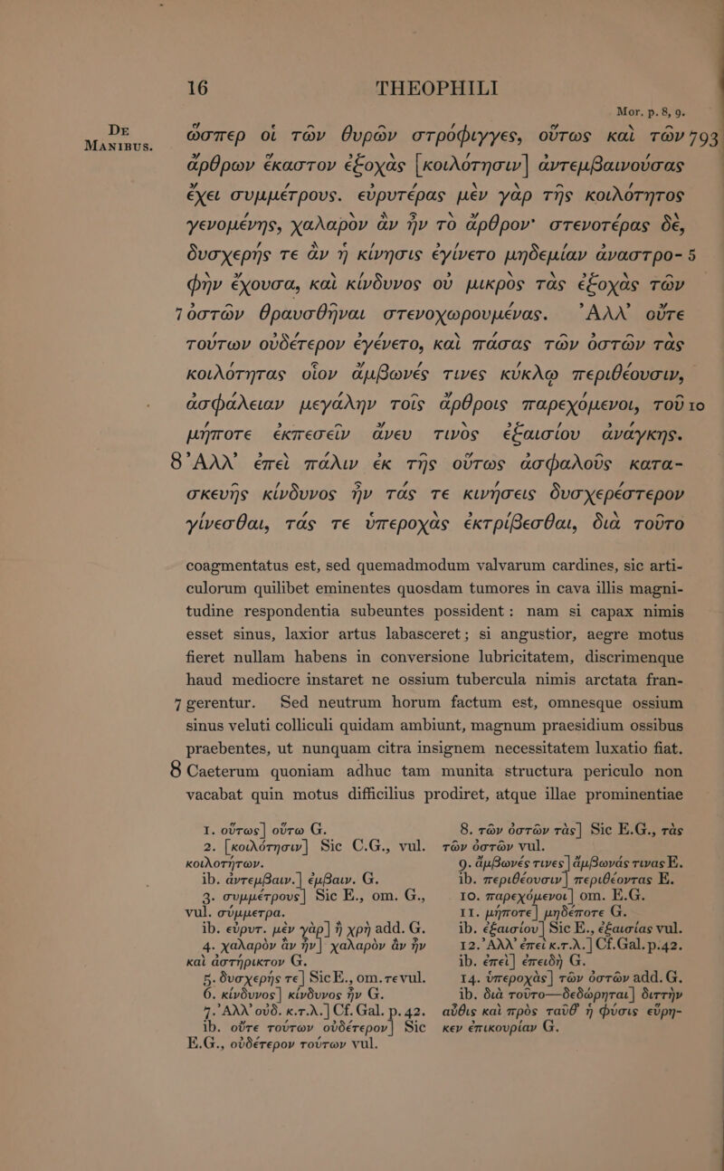 Mor. p. 8, 9. ὥσπερ οἱ TOV θυρών στρόφιγγες, οὕτως καὶ τών 793 ἄρθρων è ἕκαστον ἐξοχὰς iubeo ἀντεμβαινούσας . ἔχει συμμέτρους. εὐρυτέρας μὲν γὰρ τῆς κοιλότητος / UN ^ 5 ἈΝ. 97 ^ $ . γενομένης, χαλαρὸν ἂν ἦν το &amp;pÜpov' στενοτέρας δὲ, £ ^ ε δυσχερής τε ἂν ἡ κίνησις ἐγίνετο μηδεμίαν ἄναστρο- 5 ο zy « / , A N ~ . í φην ἔχουσα, καὶ κίνδυνος ov μικρὸς τὰς ἐξοχὰς τῶν ^ [ - z 3 Τὀστῶν θραυσθῆναι στενοχωρουμένας. ᾿Αλλ᾽ οὔτε ’ /, ’ P A ^ N τούτων οὐδέτερον ἐγένετο, καὶ πάσας τῶν ὀστῶν τὰς Y ec » g ’ p λ θέ κοιλότητας οἷον ἄμβωνές τινες κύκλῳ περιθέουσιν͵, 5 Z y ^ » ’ ^ ἀσφαλειαν μεγάλην τοῖς ἄρθροις παρεχοµενοι, τοῦ M o ’ 3 ^ zA Ν 3 ’ 9 ΄ μήποτε ἐκπεσεῖν ἄνευ τινὸς ἐξαισίου ἀνάγκης. , » ^ ^ ^ O'AAN ἐπεὶ πάλιν ἐκ τῆς οὕτως ἀσφαλοῦς kara- ^ / κ Z ’ / σκευῆς κίνδυνος ἦν τᾶς τε κινήσεις δυσχερέστερον / ΄ ε X 3 / X ^ γίνεσθαι, τᾶς τε ὑπεροχας ἐκτρίβεσθαι, διὰ τοῦτο coagmentatus est, sed quemadmodum valvarum cardines, sic arti- culorum quilibet eminentes quosdam tumores in cava illis magni- tudine respondentia subeuntes possident: nam si capax nimis esset sinus, laxior artus labasceret; si angustior, aegre motus fieret nullam habens in conversione lubricitatem, discrimenque haud mediocre instaret ne ossium tubercula nimis arctata fran- 1gerentur. Sed neutrum horum factum est, omnesque ossium sinus veluti colliculi quidam ambiunt, magnum praesidium ossibus praebentes, ut nunquam citra insignem necessitatem luxatio fiat. 8 Caeterum quoniam adhuc tam munita structura periculo non vacabat quin motus difficilius prodiret, atque illae prominentiae I. οὕτως] οὕτω G. 8. τῶν ὀστῶν τὰς] Sic E.G., τὰς 2. [κοιλότησιν] Sic C.G., vul. τῶν ὀστῶν vul. κοιλοτήτων. 9. ἄμβωνές τινες] ἄμβωνάς τινας E. ib. ἀντεμβαιν.] ἐμβαιν. G. ib. περιθέουσιν | περιθέοντας E 3. συμμέτρουε] Sic E., om. G., 10. παρεχόμενοι] om. E.G. vul. σύμμετρα. II. μήποτε] μηδέποτε G. ib. εὐρυτ. μὲν yàp] ἢ χρὴ add. G. ib. ἐξαισίου] Sic E., ἐξαισίας vul. 4. (χαλαρὸν ἃ ἂν i χαλαρὸν ἂν ἦν 12. ANN ἐπεὶ kA] Cf.Gal. p.42. καὶ ἀστήρικτον G ib. ἐπεὶ] ἐπειδὴ G. 5. δυσχερής μα Sic E., om. revul. I4. ὑπεροχὰς] τῶν ὀστῶν add. G. 6. κίνδυνος ] κίνδυνος ἦν G. ib. διὰ τοῦτο-- δεδώρηται ] διττὴν 7. AAN οὐδ. κ.τ.λ.] Cf. Gal. p. 42. αὖθις καὶ πρὸς ταῦθ᾽ ἡ φύσις εὕρη- ib. οὔτε τούτων οὐδέτερον] Sic κεν ἐπικουρίαν G. E.G., οὐδέτερον τούτων vul.