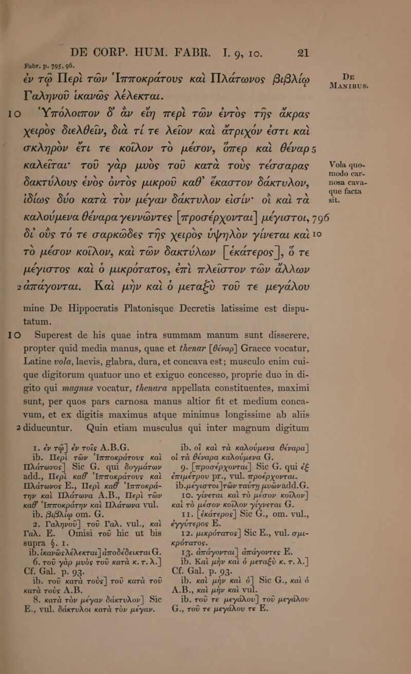 Fabr. p. 795, 96. ^ ^ e £ ΄ ἐν τῷ llepi τών Ἱπποκράτους καὶ Πλάτωνος βιβλίῳ Dx Bp αἱ : D MANIBUS. Γαληνοῦ ἱκανῶς λέλεκται. € y » Αλ » x ^ , * ^ » 10 Ὕπολοιπον Ò ἂν εἴη περὶ τῶν ἐντὸς τῆς ἄκρας * ^ X ’ ^ ’ χειρος διελθεῖν, διὰ τί τε λεῖον καὶ ἄτριχον ἐστι καὶ l ` » ^ ν ’ e ` / σκληρον ετι τε κοῖλον TO μέσον, ὅπερ καὶ θέναρς ^ A hy b ^ x καλεῖται τοῦ γὰρ μυὸς τοῦ κατὰ τοὺς τέσσαρας τον , 4 ~ È modo car- δακτύλους évos ὀντὸς μικροῦ καθ᾽ ἕκαστον δάκτυλον, ' que tacta 07 / Xm Ὁ 5 z A an Φ à N ` à ἰδίως δύο κατὰ τὸν μέγαν δάκτυλον εἰσίν' oi καὶ τὰ sit. / JF ^ αἱ / καλούμενα θέναρα γεννῶντες [προσέρχονται] μέγιστοι, 796 , ^ ’ ^ ^ x N δι οὓς TO τε σαρκῶδες τῆς χειρὸς ὑψηλὸν γίνεται καὶ το X P ^ X ^ / ε f [74 TO μέσον κοῖλον, καὶ τῶν δακτύλων | ἑκάτερος |, ὅ τε E, € , ^ ^ » μέγιστος καὶ ὁ μικρότατος, ἐπὶ πλεῖστον τῶν ἄλλων 5 P à ν v N xu Ν ^ / ϱἁπαγονται. Kal μην καὶ ὃ μεταξὺ τοῦ τε μεγάλου mine De Hippocratis Platonisque Decretis latissime est dispu- tatum. IO Superest de his quae intra summam manum sunt disserere, propter quid media manus, quae et thenar [θέναρ] Graece vocatur, Latine vo/a, laevis, glabra, dura, et concava est; musculo enim cui- que digitorum quatuor uno et exiguo concesso, proprie duo in di- gito qui magnus vocatur, thenara appellata constituentes, maximi sunt, per quos pars carnosa manus altior fit οἵ medium conca- vum, et ex digitis maximus atque minimus longissime ab aliis 2 diducuntur. I. ἐν τῷ] è ἐν τοῖς Α.Β.Ω. 12. Περὶ τῶν Ἱπποκράτους καὶ Πλάτωνος] Sic G. qui δογμάτων add., Περὶ καθ Ἱπποκράτους καὶ Πλάτωνος E., Περὶ καθ Ἱπποκρά- την καὶ παρα A.D., Περὶ τῶν καθ Ἱπποκράτην καὶ Πλάτωνα vul. ib. βιβλίῳ om. G. 2. Γαληνοῦ] τοῦ Ταλ. vul, καὶ Γαλ. E. Omisi τοῦ hic ut bis supra ὁ. I. ib. ἱκανῶολέλεκται] ἀποδέδεικται G. 6. τοῦ γὰρ μυὸς τοῦ κατὰ κ.τ.λ.] Cf. Gal. p. 93- ib. τοῦ κατὰ τοὺς] τοῦ κατὰ τοῦ κατὰ τοὺς A.D. 8. κατὰ τὸν μέγαν δάκτυλον ] Sic E., vul. δάκτυλοι κατὰ τὸν μέγαν. ib. ot καὶ τὰ καλούμενα θέναρα] οἱ τὰ θέναρα καλούμενα 9. [προσέρχονται] Sic G. qui é£ ἐπιμέτρου pr., vul. προέρχονται. ib. Mio ταύτῃ pvôvadd.G. IO. γίνεται καὶ τὸ μέσον κοῖλον] καὶ τὸ μέσον κοῖλον γίγνεται Ω. 11. [ἑκάτερος] Sic G., om. vul., ἐγγύτερος E. 12. μικρότατος] Sic E., vul. opi- κρότατος. I3. ἀπάγονται] ἀπάγοντες E. ib. Καὶ μὴν καὶ ὁ μεταξὺ κ.τ.λ.] Cf. Gal. .P- 93. ib. kal μὴν καὶ ὁ] Sic G., καὶ ὁ A.B., καὶ μὴν καὶ vul. 15. τοῦ τε rad τοῦ μεγάλου G., τοῦ τε μεγάλου τε