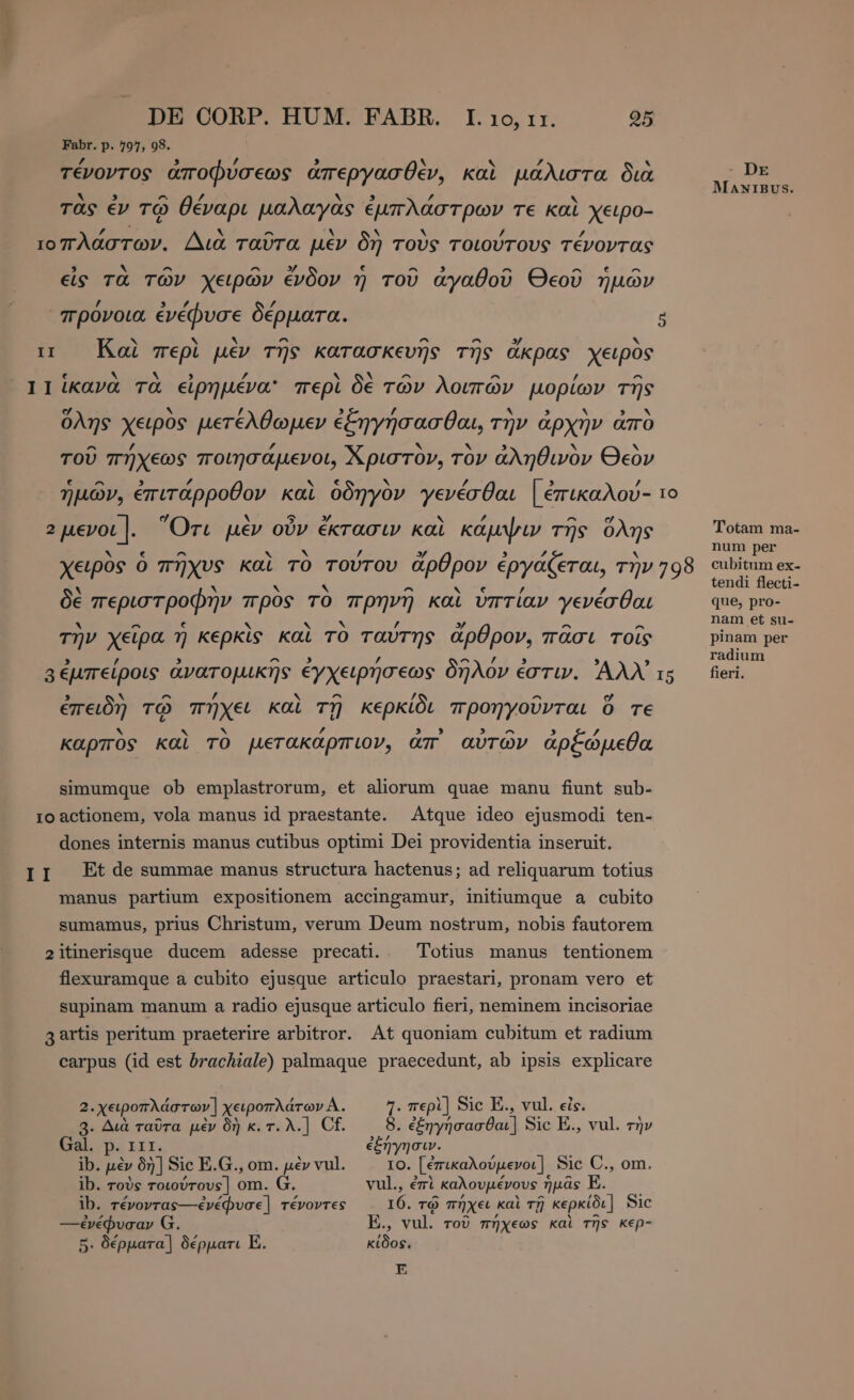 Fabr. p. 797, 98. / 3 ’ 3 N x τένοντος ἀποφύσεως ἀπεργασθὲν, καὶ μάλιστα διὰ ΚΑ ANIBUS. X , d / A / τας ἐν τῷ θέναρι µαλαγᾶς ἐμπλάστρων τε καὶ χειρο- 2 τὲ ν - N N ν / ιοπλαστων. Δια ταῦτα μεν δὴ τοὺς τοιούτους τένοντας . ^ ^ » ε - ^ ^ ^ εἰς τα τῶν χειρῶν ἐνδον ἢ τοῦ ἀγαθοῦ Θεοῦ ἡμῶν / , / πρὀνοια ἐνέφυσε δέρµατα. 5 N A A ^ ir Καὶ περὶ μὲν τῆς κατασκευῆς τῆς ἄκρας χειρὸς . N / N ^ ^ ^ 11 ἱκανὰ τὰ εἰρημένα' περὶ δὲ τῶν λοιπῶν μορίων τῆς ο ` [/ 3 Αἱ N 3 X , x ὅλης χειρὸς μετέλθωμεν ἐξηγήσασθαι, τὴν ἀρχὴν ἀπὸ ^ / Td N N 3 N x τοῦ πήχεως ποιησαµενοι, Ἄριστον, τον ἄληθινον Θεὸν (4 ^ 3 f « € Ν / 3 ’ ἡμῶν, ἐπιτάρροθον καὶ ὁδηγὸν γενέσθαι | ἐπικαλού- το y . ο y ^ ^ 5 μενοι]. Ὅτι μὲν οὖν ἔκτασιν καὶ κάμψιν τῆς ὅλης Totam ma- num per N [4 ^ `~ ~ £ Y 3 ΄ ` δρ χειρὸς ὁ πῆχυς καὶ τὸ τούτου ἄρθρον ἐργάζεται, τὴν 798 c N N N S ^ - δὲ περιστροφην πρὸς τὸ πρηνῆ καὶ ὑπτίαν γενέσθαι que, pro- λ ^ e ν ν b: 7 » z E nam et su- τὴν χεῖρα ἡ κερκὶς καὶ τὸ ταύτης ἄρθρον, πᾶσι τοῖς pinam per , / » Tr 7 ΚΑ ts  : radium 3 ÊUTELPOLS ἀνατομικῆς ἐγχειρήσεως δῆλον ἐστιν. AAN 15 fieri. 3 N ^ ’ N A / ^ ἔπειδη τῷ πήχει καὶ TN κερκἰδι προηγοῦνται ὃ τε ` ` ` , 3 9 » ^ , / KAPTOS και TO µετακαρτιογν» απ αυτων ἀρξώμεθα simumque ob emplastrorum, et aliorum quae manu fiunt sub- το actionem, vola manus id praestante. Atque ideo ejusmodi ten- dones internis manus cutibus optimi Dei providentia inseruit. II Et de summae manus structura hactenus; ad reliquarum totius manus partium expositionem accingamur, initiumque a cubito sumamus, prius Christum, verum Deum nostrum, nobis fautorem 2itinerisque ducem adesse precati.. Totius manus tentionem flexuramque a cubito ejusque articulo praestari, pronam vero et supinam manum a radio ejusque articulo fieri, neminem incisoriae 4 artis peritum praeterire arbitror. At quoniam cubitum et radium carpus (id est brachiale) palmaque praecedunt, ab ipsis explicare 2.χειροπλάστων] χειροπλάτων Å. 4. περὶ] Sic E., vul. εἰς. 3. Διὰ ταῦτα μὲν δὴ κ.τ.λ.] Cf. 8. ἐξηγήσασθαι] Sic E., vul. τὴν Gal. p. LII: ἐξήγησιν. ib. μὲν δὴ] Sic E.G., om. μὲν vul. IO. [ἐπικαλούμενοι] Sic C., om. ib. τοὺς τοιούτους] om. G. vul., ἐπὶ καλουμένους ἡμᾶς E. ib. τένοντας---ἐνέφυσε] τένοντες I6. τῷ πήχει καὶ τῇ κερκίδι] Sic --ἐνέφυσαν G. E., vul. τοῦ πήχεως καὶ τῆς kep- 5. δέρματα] δέρματι E. κίδος. E