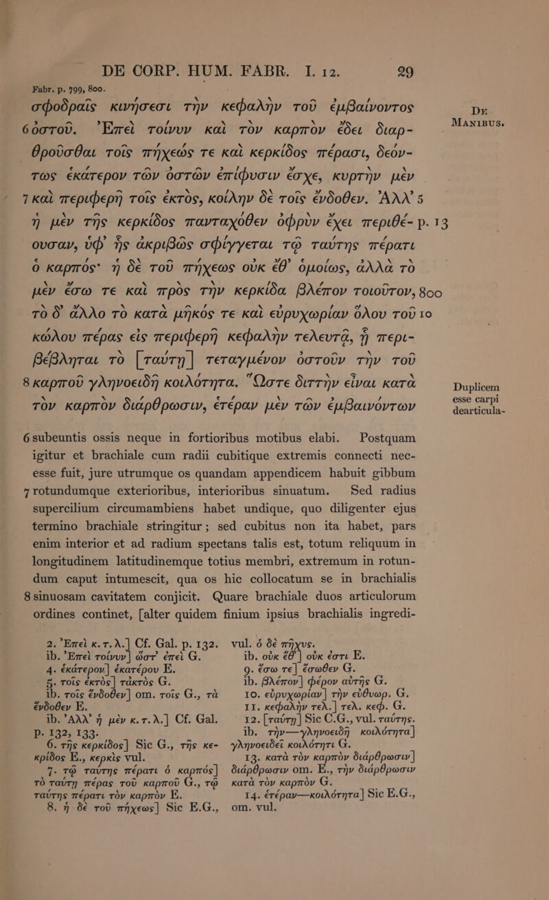 Fabr. p. 799, 800. : σφοδραῖς κινήσεσι τὴν κεφαλὴν τοῦ ἐμβαίνοντος Dr ^ , ` / Ms, ` 9) MANIBUS. 6οστοῦ. ᾿Επεὶ τοίνυν καὶ τον kaprov έδει διαρ- mpi ^ ^ É £ `~ / / / θροῦσθαι τοῖς πήχεως τε καὶ κερκίδος πέρασι, δεόν- g A A ’ 3 τως ἑκάτερον τῶν ὀστῶν ἐπίφυσιν ἔσχε, κυρτὴν μὲν ^ ^ Ν ’ N ^ 3 7 καὶ περιφερῆ τοῖς ἐκτὸς, κοίλην δὲ τοῖς ἔνδοθεν. Ἀλλ᾽ 5 € Y ^ / lá 3 x » / 7 µεν τῆς κερκίδος πανταχοθεν ὀφρυν ἔχει περιθέ- p. 13 e A ’ ^ ουσαν, ὑφ᾽ ἧς ἀκριβῶς σφίγγεται τῷ ταύτης πέρατι ε / ε N ^ / 5 yn» e / 3 N x ὁ καρπος' ἡ δὲ τοῦ πήχεως οὐκ EO ὁμοίως, ἀλλὰ τὸ . y by N ` / 2? ^ μέν έσω τε καὶ πρὸς την κερκίδα βλέπον τοιοῦτον, 8οο Ν 3. y N N 2 Ra bi » / ο ^ TO Ó ἄλλο TO κατα μῆκος τε καὶ εὐρυχωρίαν ὅλου τοῦ το 7 s 9 ^ ; ν 2 e κώλου πέρας εἰς περιφερῆ κεφαλήν τελευτᾷ, Ù περι- 2 a“ / ’ 3 ^ N ^ βέβληται τὸ [ταύτῃ ] τεταγμένον ὀστοῦν τὴν τοῦ ^ ^ / [74 X 5 * 8 καρποῦ γληνοειδῆ κοιλοτητα. ' Qare διττὴν εἶναι κατὰ πρωι esse carpi hy x £ € ΄ . ^ 3 ’ τον καρπον διάρθρωσιν, ετεραν μεν τῶν ἐµβαινοντων dire 6subeuntis ossis neque in fortioribus motibus elabi. ^ Postquam igitur et brachiale cum radii cubitique extremis connecti nec- esse fuit, jure utrumque os quandam appendicem habuit gibbum 1rotundumque exterioribus, interioribus sinuatum. Sed radius supercilium cireumambiens habet undique, quo diligenter ejus termino brachiale stringitur; sed cubitus non ita habet, pars enim interior et ad radium spectans talis est, totum reliquum in longitudinem latitudinemque totius membri, extremum in rotun- dum caput intumescit, qua os hic collocatum se in brachialis 8sinuosam cavitatem conjicit. Quare brachiale duos articulorum ordines continet, [alter quidem finium ipsius brachialis ingredi- 2. Ἐπεὶ κ.τ.λ.] Cf. Gal. p. 132. vul. ὁ δὲ πῆχυς. ib. Ἐπεὶ τοίνυν | ὥστ᾽ ἐπεὶ G. ib. οὐκ ἔθ᾽ | οὐκ ἐστι E. 4. ἑκάτερον] ἑκατέρου E. 9. ἔσω τε] ἔσωθεν G. 5. τοῖς ἐκτὸς] τἀκτὸς G. ib. βλέπον] φέρον αὐτῆς G. ib. τοῖς ἔνδοθεν ] om. τοῖς G., τὰ το. εὐρυχωρίαν | τὴν εὐθυωρ. G. ἔνδοθεν E. II. κεφαλὴν τελ.] τελ. κεφ. G. ib. ᾿Αλλ’ ἡ μὲν κ.τ.λ.] Cf. Gal. 12. [ταύτῃ | Sic C.G., να]. ταύτης. 1.132. 133. ib. τὴν---γληνοειδῆ κοιλότητα] 6. τῆς κερκίδος] Sic G., τῆς ke- γληνοειδεῖ κοιλότητι G. κρίδος E., κερκὶς vul. I3. κατὰ τὸν μι διάρθρωσιν] 7. τῷ ταύτης πέρατι ὁ καρπός] διάρθρωσιν om. E., τὴν διάρθρωσιν τὸ ταύτῃ πέρας τοῦ καρποῦ G., τῷ κατὰ τὸν καρπὸν G. ΄ , P. ο ταύτης πέρατι τὸν καρπὸν E. 14. ἑτέραν--- κοιλότητα] Sic E.G., 8. ἡ δὲ τοῦ πήχεως] Sic E.G., om. vul.