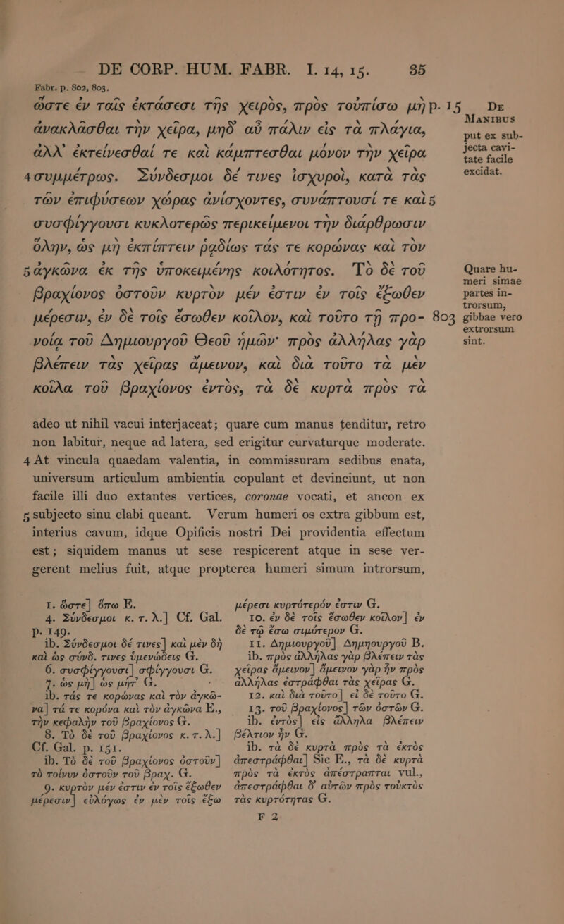 Fabr. p. 802, 803. 4συμμέτρως. 5 subjecto sinu elabi queant. I. ὥστε] ὅπω E. 4. Σύνδεσμοι κ.τ.λ.] Cf. Gal. Ρ. 149. ib. Σύνδεσμοι δέ τινες] καὶ μὲν δὴ καὶ ὡς σύνδ. τινες ὑμενώδεις G. 6. συσφίγγουσι] σφίγγουσι G. 7. ὡς μὴ] ὡς μήτ᾽ ib. τάς τε κορώνας καὶ τὸν ἀγκῶ- να] τά τε κορόνα καὶ τὸν ἀγκῶνα E., τὴν κεφαλὴν τοῦ βραχίονος G. 8. Τὸ δὲ τοῦ βραχίονος κ. τ. À.] Cf. Gal. p. 151. ib. Τὸ δὲ τοῦ βραχίονος ὀστοῦν] τὸ τοίνυν ὀστοῦν τοῦ βραχ. G. 9. κυρτὸν μέν ἐστιν ἐν τοῖς ἔξωθεν μέρεσιν] εὐλόγως ἐν μὲν τοῖς ἔξω μέρεσι κυρτότερόν ἐστιν Ω. IO. ἐν δὲ τοῖς ἔσωθεν κοῖλον] ἐν δὲ τῷ ἔσω σιμότερον G. II. Δημιουργοῦ] Δημηουργοῦ B. ib. πρὸς ἀλλήλας γὰρ βλέπειν τὰς χεῖρας ἄμεινον | ἄμεινον γὰρ ἦν πρὸς ἀλλήλας ἐστράφθαι τὰς χεῖρας 4. 12. καὶ διὰ τοῦτο] εἰ δὲ τοῦτο G. I3. τοῦ βραχίονος] τῶν ὀστῶν Ω. ib. ἐντὸς] εἰς ἄλληλα βλέπειν βέλτιον ἦν G. ib. τὰ δὲ κυρτὰ πρὸς τὰ ἐκτὸς ἀπεστράφθαι] Sic E., τὰ δὲ κυρτὰ πρὸς τὰ ἐκτὸς ἀπέστραπται vul., ἀπεστράφθαι δ᾽ αὐτῶν πρὸς τοὐκτὸς τὰς κυρτότητας G. Ε 2 803 DE MANIBUS put ex sub- jecta cavi- tate facile excidat. Quare hu- meri simae partes in- trorsum, gibbae vero extrorsum