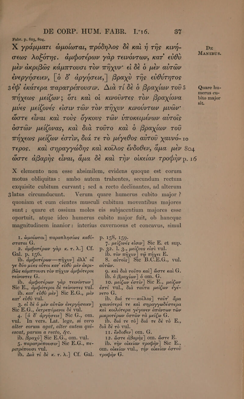 Fabr. p. 803, 804. / / X ^ X γράμματι ὡμοίωται, πρόδηλος δὲ καὶ ἢ τῆς κινή- Dr , , / M / $54 Ma MANIBUS. σεως λοξότης. ἀμφοτέρων yap τεινόντων, kar εὐθὺ ` ^ £ 4 A . . ^ μεν ἀκριβῶς κάμπτουσι τὸν πῆχυν᾽ εἰ δὲ ὁ μὲν αὐτῶν 5 / € 3 3 7 ^ ^ 5 a ἐνεργήσειεν, | ὁ δ' ἀργήσειε, ] βραχὺ τῆς εὐθύτητος A ^ 8 ἐφ᾽ ἑκάτερα παρατρέπουσιν. Διὰ τί δὲ ὁ βραχίων τοῦς — — Quare hu- , / ο s - i. N / merus cu- πήχεως μείζων; ὅτι καὶ οἱ κινοῦντες τὸν βραχίονα bito major sit. ’ / ^ ν ^ ’ ^ pues μείζονές εἰσιν τών τον πήχυν κινουντων μυῶν e 5 Y 3/ ^ [4 ri 3 ^ ωστε εἶναι καὶ Τους ογκους των υποκειμενων ανυτοις 3 ^ / ν ^ ^ κ 8 / ^ οστων μείζονας, καὶ διὰ τοῦτο καὶ ὁ βραχιων τοῦ / / 3 * / N £ , ^ / πήχεως μείζων ἐστὶν, διά τε τὸ μέγεθος αὐτοῦ χαυνό- το by s N ^ zy [74 . τερος. καὶ σηραγγώδης καὶ κοῖλος ἐνδοθεν, ἅμα µεν 804 ασ , s 5 [74 N « N , β ` ὥστε ἀβαρης εἶναι, αμα δε καὶ τὴν οἰκείαν τροφην p. 16 X elemento non esse absimilem, evidens quoque est eorum motus obliquitas : ambo autem trahentes, secundum rectum exquisite cubitum curvant; sed a recto declinantes, ad alterum 3latus circumducunt. Verum quare humerus cubito major ? quoniam et eum cientes musculi cubitum moventibus majores oportuit, magnitudinem inanior : I. ὡμοίωται] παραπλησίως καθί- σταται 2 ERR AY γὰρ κ.τ.λ.] ΟἹ. Gal. p. 156. ib. ἀμφοτέρων---πῆχυν] ἀλλ᾽ οἵ γε δύο μύες οὗτοι κατ᾽ εὐθὺ μὲν ἀκρι- βῶς κάμπτουσι τὸν πῆχυν ἀμφότεροι τείνοντες ib. ο orco yàp τεινόντων | Sic E., ἀμφότεροι δὲ τείνοντες vul. ib. kar εὐθὺ μὲν] Sic E.G., μὲν κατ᾽ εὐθὺ vul. 3. εἰ δὲ ὁ ó μὲν αὐτῶν πια Sic E.G., ἐκτρεπόμενοι δὲ 4. [ὁ δ ἀργήσειε] Sic G., om. vul. In vers. Lat. lege, οἱ vero alter eorum agat, alter autem qui- escat, parum a recto, cc. ib. βραχὺ] Sic E.G., om. vul. 5. παρατρέπουσιν] Sic E.G., πε- ριτρέπουσι vul ib. Διὰ τί δὲ κ. τ. A] Cf. Gal. Ρ. 158, 159. 7. µείζονές εἶσιν] Sic E. et sup. p. 32. l. 3., μείξους εἰσὶ vul. ib. τὸν πῆχυν] τῷ πήχει E. 8. αὐτοῖς] Sic B.C.E.G., vul. αὐτῶν. 9. καὶ διὰ τοῦτο καὶ] ὥστε καὶ G. ib. ὁ βραχίων] ὁ om. G. IO. μείζων ἐστίν] Sic E., μείζων ἐστί vul, διὰ ταῦτα μείζων ἐγέ- vero G. ib. διά τε---κοῖλος] ταῦτ᾽ ἄρα χαυνότερά τε καὶ σηραγγωδέστερα καὶ κοιλότερα γέγονεν ἁπάντων τῶν i ars ὀστῶν τὰ μείξω G. διά τε τὸ] διά τε δὲ τὸ E., διὰ δὲ τὸ vul. LI; ἔνδοθεν | om. G. 12. ὥστε ἀβαρὴς] om. ὥστε E. ib. τὴν οἰκείαν τροφὴν] Sic E., τροφὴν G.