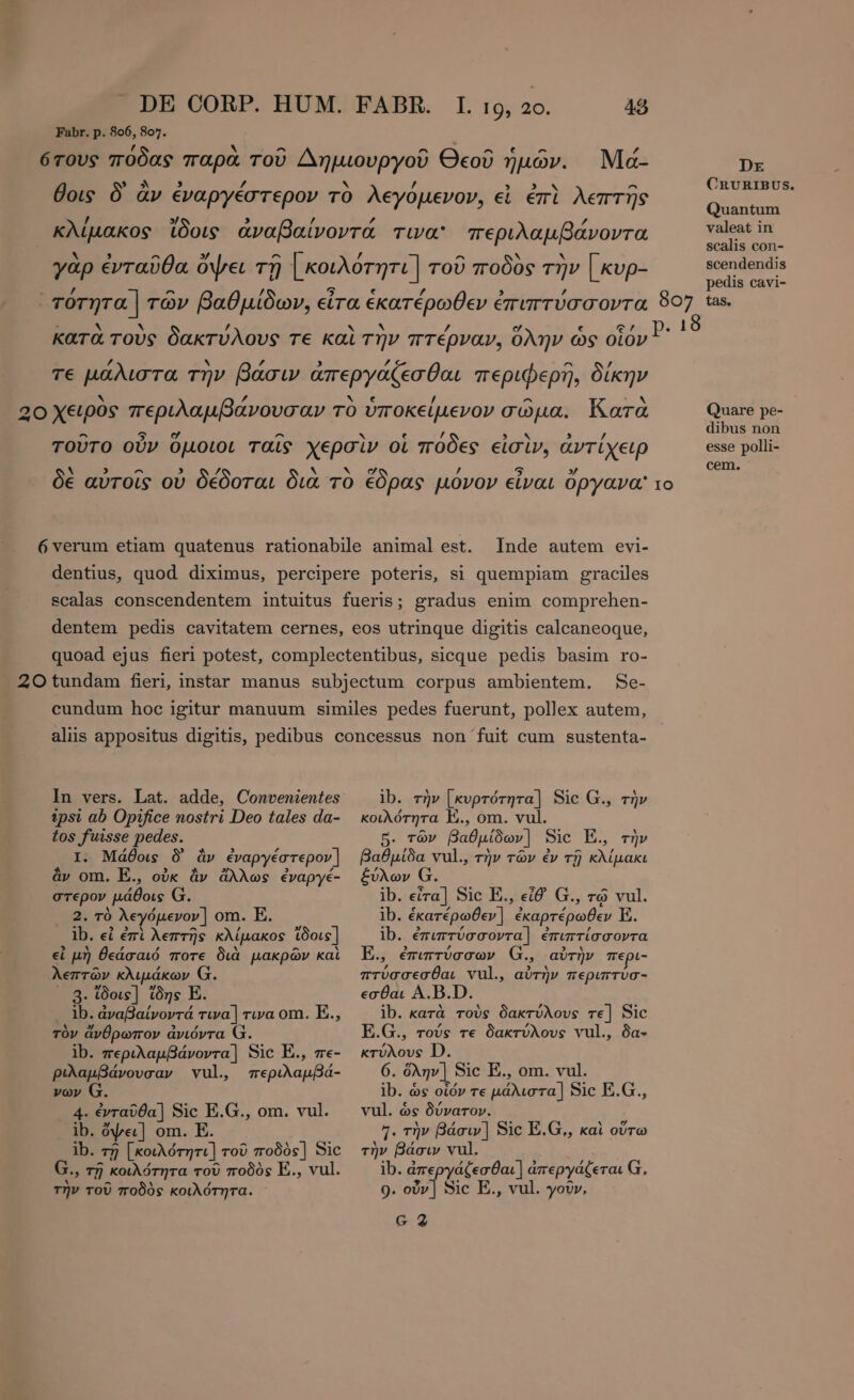 Ma- Inde autem evi- gradus enim comprehen- Se- In vers. Lat. adde, Convenientes ipsi ab Opifice nostri Deo tales da- tos f'uisse pedes. I. Μάθοις Ò ἂν ἐναργέστερον] ἂν om. E., οὐκ ἂν ἄλλως ἐναργέ- στερον. μάθοις G. 2. τὸ λεγόμενον] om. E. ib. εἰ ἐπὶ λεπτῆς κλίμακος tors] εἰ μὴ θεάσαιό ποτε διὰ μακρῶν καὶ λεπτῶν κλιμάκων G. A. ἴδοις | ἴδης E. ib. ἀναβαίνοντά τινα] τινα om. E., τὸν ἄνθρωπον ἀνιόντα ib. περιλαμβάνοντα] Sic E., me- ριλαμβάνουσαν vul., Xt pr UE νων G. 4- ἐνταῦθα] Sic E.G., om. vul. ib. ὄψει] om. E. ib. τῇ [κοιλότητι]. τοῦ ποδὸς] Sic » τῇ κοιλότητα τοῦ ποδὸς E., vul. τ» τοῦ ποδὸς κοιλότητα. ib. τὴν [κυρτότητα] Sic G., τὴν κοιλότητα E., om. vul. 5. τῶν βαθμίδων ] Sic E., τὴν Pape, vul., τὴν τῶν ἐν τῇ pue ξύλων G. ib. εἶτα] Sic E., εἶθ᾽ G., τῷ vul. ib. ἑκατέρωθεν ] ἑκαρτέρωθεν E. ib. .ἐπιπτύσσοντα] ἐπιπτίσσοντα E., ἐπιπτύσσων G., (αὐτὴν περι- πτύσσεσθαι vul, αὐτὴν περιπτύσ- εσθαι À. B. D. ib. κατὰ τοὺς δακτύλους τε] Sic E.G., τούς τε δακτύλους vul., δα- κτύλους D. 6. ὅλην }} Sic E., om. vul. ib. ὡς οἷόν τε μάλιστα] Sic E.G., vul. ὡς δύνατον. 7. τὴν βάσιν] Sic E.G., καὶ οὕτω τὴν βάσιν vul. ib. ἀπεργάζεσθαι] ἀπεργάζεται G, 0. οὖν] Sic E., vul. γοῦν, G 2 DE CRURIBUS. Quantum valeat in scalis con- scendendis pedis cavi- Quare pe- dibus non esse polli- cem.