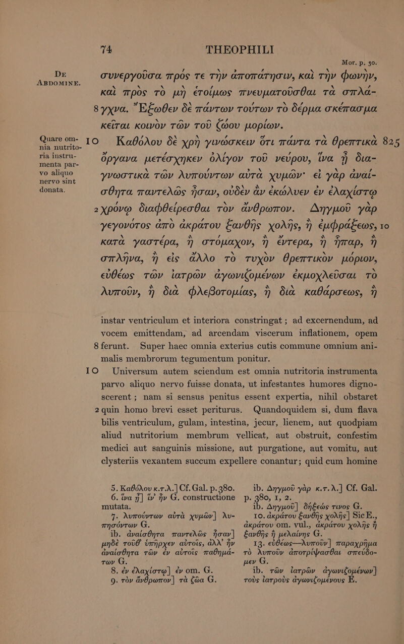 DE Quare om- ria instru- menta par- vo aliquo nervo sint donata. T4 THEOPHILI Mor. p, 2ο. ^ / N 2 L4 . A Ν συνεργοῦσα προς τε τὴν ἀποπατησιν, καὶ τὴν φωνήν, ν ν ν ν / ^ N 7 και προς TO μη ἑτοίμως πνευματουσ θαι τα O πλα- ^ ^ ^ /, A κειται κοινὸν των του ζώου μοριῶγ. / N A 7 [4 z X N Καθόλου δὲ χρὴ γινώσκειν ὅτι πάντα τα θρεπτικά 3/ / / ^ / ej a Opyava μετέσχηκεν ὀλίγον τοῦ νεύρου, ἵνα ἡ δια- b! ^ νά 3 ~ ^ ~ A γνωστικὰ τῶν λυπούντων αὐτὰ χυμῶν' εἰ yap avai- ^ 5 δολ ^ » 3 3 / σθητα παντελῶς ἦσαν, οὐδὲν ἂν ἐκώλυεν ἐν ἐλαχίστῳ ^ A ANYAR yap γεγονότος ἀπὸ ἀκρᾶτον ξανθῆς χολῆς, 1 ἢ ἐμφράξεως, κατὰ γαστέρα, ἢ στόμαχον, 3 ἔντερα, 1) traps Ἡ σπλῆνα, ἢ εἰς ἄλλο τὸ τυχὸν θρεπτικὸν μόριον, 3 r4 ^ 9 ^ 3 / 3 ^ hy εὐθέως τῶν ἰατρῶν ἀγωνιζομένων ἐκμοχλεῦσαι τὸ ^ D X / ^ h ΄ ^ λυποῦν, ἢ δια φλεβοτομίας, ἢ δια καθάρσεως, η instar ventriculum et interiora constringat; ad excernendum, ad vocem emittendam, ad arcendam viscerum inflationem, opem Super haec omnia exterius cutis commune omnium ani- malis membrorum tegumentum ponitur. parvo aliquo nervo fuisse donata, ut infestantes humores digno- Scerent; nam si sensus penitus essent expertia, nihil obstaret Quandoquidem si, dum flava bilis ventriculum, gulam, intestina, jecur, lienem, aut quodpiam aliud nutritorrum membrum vellicat, aut obstruit, confestim medici aut sanguinis missione, aut purgatione, aut vomitu, aut clysteriis vexantem succum expellere conantur; quid cum homine 5. Καθόλου κ. 7.. | Cf. Gal. p. 380. 6. ἵνα j] tv ἦν G. constructione mutata. 4. λυπούντων avrà χυμῶν] λυ- πησόντων G. ib. ἀναίσθητα παντελῶς ἦσαν] μηδὲ τοῦθ᾽ i ὑπῆρχεν αὐτοῖς, ἀλλ᾽ ἦν R^ Ug τῶν ἐν αὐτοῖς παθημά- των 9. τὸν ἄνθρωπον] τὰ ζῶα G ib. Δηγμοῦ γὰρ κ.τ.λ.] Cf. Gal. p.389; 1» ib. Δηγμοῦ] δήξεώς τινος Ω. Το. ἀκράτου ξανθῆς χολῆς] Sic E., ἀκράτου om. vul., ἀκράτου χολῆς ἢ ξανθῆς ἢ μελαίνης G. I3. εὐθέως---λυποῦν] παραχρῆμα τὸ λυποῦν ἀποτρίψασθαι σπεύδο- μεν G τοὺς ἰατροὺς ἀγωνιζομένους E. -&lt; o