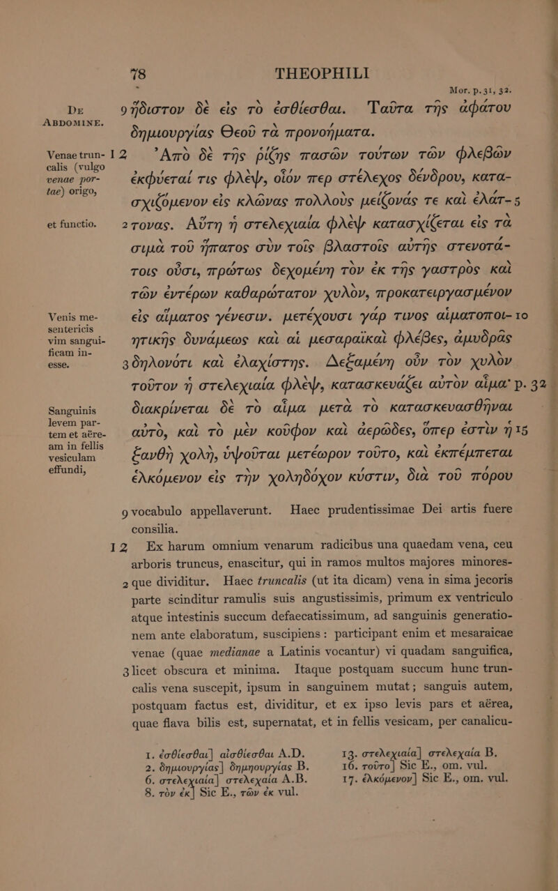Dx ABDOMINE. - Mor. p. 31, 32. ο ἥδιστον δὲ εἰς τὸ ἐσθίεσθαι. Ταῦτα τῆς ἀφάτου δημιουργίας Θεοῦ τὰ προνοήματα. calis (vulgo venae por- tae) origo, et functio. Venis me- sentericis vim sangui- ficam in- esse. Sanguinis levem par- tem et aére- am in fellis vesiculam ἐκφύεταί τις Φλὲψ, οἷόν περ στέλεχος δένδρου, κατα- σχιζόμενον εἰς κλῶνας πολλοὺς μείζονάς τε καὶ ἐλάτ- 5 2Tovas. Αὕτη ἡ στελεχιαία φλὲψ κατασχίζεται εἰς τὰ σιμὰ τοῦ ἥπατος σὺν τοῖς βλαστοῖς αὐτῆς στενοτά- τοις οὖσι, πρώτως δεχομένη τὸν ἐκ τῆς γαστρὸς καὶ τῶν ἐντέρων καθαρώτατον χυλὸν, προκατειργασμένον εἰς αἵματος γένεσιν. μετέχουσι γάρ τινος αἱματοποι- το ητικῆς δυνάμεως καὶ αἱ μεσαραϊκαὶ φλέβες, ἀμυδρᾶς Αδηλονότι καὶ ἐλαχίστης. Δεξαμένη οὖν τὸν χυλὸν / X x fe X v ^ διακρίνεται δὲ τὸ αἷμα μετὰ τὸ κατασκευασθηναι LER b ` ^ Aa ελ ^ [74 H b ε αὐτὸ, καὶ τὸ μὲν κοῦφον καὶ ἀερῶδες, ὅπερ ἐστὶν η 16 ` A € ^ x ^ A 5 Z ξανθὴ χολὴ, ὑψοῦται μετέωρον τοῦτο, καὶ ἐκπέμπεται ἑλκόμενον εἰς τὴν χοληδόχον κύστιν, διὰ τοῦ πορου ο vocabulo appellaverunt. Haec prudentissimae Dei artis fuere consilia. arboris truncus, enascitur, qui in ramos multos majores minores- 2 que dividitur. Haec fruncalis (ut ita dicam) vena in sima jecoris parte scinditur ramulis suis angustissimis, primum ex ventriculo atque intestinis succum defaecatissimum, ad sanguinis generatio- nem ante elaboratum, suscipiens: participant enim et mesaraicae venae (quae medianae a Latinis vocantur) vi quadam sanguifica, 3licet obscura et minima. Itaque postquam succum hunc trun- calis vena suscepit, ipsum in sanguinem mutat; sanguis autem, postquam factus est, dividitur, et ex ipso levis pars et aérea, quae flava bilis est, supernatat, et in fellis vesicam, per canalicu- 1. ἐσθίεσθαι] αἰσθίεσθαι A.D. I3. στελεχιαία] στελεχαία B. 2. δημιουργίας] δημηουργίας B. 16. τοῦτο] Sic E., om. vul. 6. στελεχιαία] στελεχαία A.B. 17. ἑλκόμενον] Sic E., om. vul. 8. τὸν ἐκ] Sic E., τῶν ἐκ vul. mer d: m