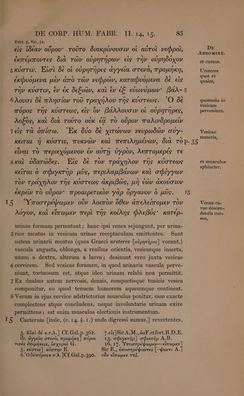 DE CORP. HUM. FABR. Fabr. p. 831, 32. , Σο / zy ^ , e ? * s εἰς ἰδέαν οὔρου' τοῦτο διακρινουσιν οἱ αυτοὶ νεφροὶ, IHE νο τῇ. 85 3 7 N ^ 3 7 , X 3 / ἐκπέμποντες διὰ τῶν οὐρητήρων εἰς τὴν οὐρηδοχον / , N 3 ^ 3 ^ Ν ’ οκύστιν. Εἰσὶ δὲ οἱ οὐρητῆρες ἀγγεῖα στενα, προμήκη, , / ES Sgt. N ^ ^ / N , ἐκφυόμενα μὲν ἀπὸ τῶν νεφρών, καταφυοµενα δὲ εἰς ʻO δὲ A ^ / , Dy Ζ ε 5 ^ πορος τῆς κυστεως, εἰς Ον βαλλουσιν οἱ οὐρητηρες, ^ ’ ^ , 6 Aova' δὲ πλησίον τοῦ τραχήλου τῆς κύστεως. x N N ^ 5 ^ X 5 ^ λοξος, καὶ διὰ τοῦτο οὐκ ἐᾷ το οὖρον παλινδρομεῖν Τεν τὰ ὀπίσω. Ἔκ δύο δὲ χιτώνων νευρωδῶν σύγ- 5 S , 3 ^ Ni / εἶναι TO περιεχόμενον ἐν αὐτῇ ὑγρον, λεπτομερές τε ^ 3 N ^ skait ὑδατῶδες. Εἰς δὲ τὸν τράχηλον τῆς κύστεως κεῖται ὁ σφιγκτὴρ μῦς, περιλαμβάνων καὶ σφίγγων τὸν τράχηλον τῆς κύστεως ἀκριβῶς, μὴ ἐῶν ἀκούσιον ἐκρεῖν τὸ οὖρον προαιρετικὸν γὰρ ὄργανον ὁ μῦς. 15 Ὑποστρέψωμεν οὖν λοιπὸν ὅθεν ἀπελείπομεν τὸν λόγον, καὶ εἴπωμεν περὶ τῆς κοίλης φλεβός: κατέρ- urinae formam permutant; hanc ipsi renes sejungunt, per urina- 5rios meatus in vesicam urinae receptaculum emittentes. Sunt autem urinarii meatus (quos Graeci wreteres [οὐρητῆρες] vocant,) vascula angusta, oblonga, a renibus orientia, vesicaeque inserta, unum a dextra, alterum a laeva; desinunt vero juxta vesicae 6 cervicem. Sed vesicae foramen, in quod urinaria vascula perve- niunt, tortuosum est, atque ideo urinam relabi non permittit. 7 Ex duabus autem nervosis, densis, compactisque tunicis vesica componitur, eo quod tenuem humorem aqueumque contineat. 8 Verum in ejus cervice adstrictorius musculus ponitur, eam exacte complectens atque concludens, neque involuntarie urinam exire permittens; est enim musculus electionis instrumentum. I5 Caeterum [inde, (c. 14. $. 1.) unde digressi sumus, ] revertentes, S. Εἰσὶ δὲ κ.τ.λ.] Cf. Gal.p. 362. ib. ἀγγεῖα στενὰ, προµήκη] πόροι τινὲς ἐπιμήκεις,, ἰσχυροὶ 5. κύστιν] κύστην 6.Ὁ δἐπόροςκ.τ.λ. 108, Gal.p.390. 1.eis |Sic A.M., ὡς F.etfort. B.D.E. 13. σφιγκτὴρ]. σφικτὴρ A.B. 16, 17. Ὑποστρέψωμεν---εἴπωμεν ] Sic E. . ὑποστρέψαντες [-ψαντι A. | οὖν εἴπωμεν vul. DE ABDOMINE. et cursus. Ureteres quot et quales, quomodo in vesicam perveniant. Vesicae materia, et musculus sphincter. Venae ca- vae descen- dentis cur-