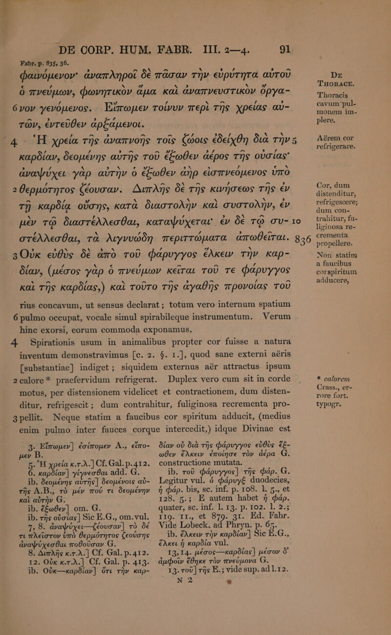 “κα Fabr. p. 835, 36. ^ 3 ^ 3 z τῶν, ἐντεῦθεν ἀρξάμενοι. Duplex vero cum sit in corde 3. Εἴπωμεν] ἐσίπομεν Å., eimo- pev B. 5. Ἡ χρεία k.r.À.] Cf. Gal. p.412. 6. καρδίαν] γίγνεσθαι add. G. ib. δεομένης αὐτῆς] δεομένοις aù- τῆς A.B., τὸ μέν πού τι δεομένην καὶ αὐτὴν G. ib. ἔξωθεν] om. G. ib. τῆς οὐσίας] Sic E.G., om.vul. 4, 8. ἀναψύχει-- ζέουσαν] τὸ δέ τι πλεῖστον ὑπὸ θερμότητος ζεούσης ἀναψύχεσθαι ποθοῦσαν Ω. 8. Διπλῆς κ.τ.λ.] Cf. Gal. p.412. 12. Οὐκ κ.τ.λ.] Cf. Gal. p. 413. ib. Οὐκ-- καρδίαν] ὅτι τὴν Kap- δίαν οὐ διὰ τῆς ápvyyos εὐθὺς ἐξ- ωθεν ἕλκειν ἐποίησε τὸν ἀέρα G constructione mutata. ib. τοῦ φάρυγγος] τῆς páp. G. Legitur vul. ὁ φάρυγξ duodecies, ἡ áp. bis, sc. inf. p. 108. l. 5., et 128. 5.; E autem habet ἢ φάρ. quater, sc. inf. Ἱ. 13. p. 102. 1. 2.5 ττο. r1., Ἐς 879: 31.. Ed. Fahr. Vide Lobeck. ad Phryn. p. 65. ib. ἕλκειν τὴν καρδίαν] Sic E.G., ἕλκει ἡ καρδία vul. 13,14. μέσος---καρδίας}] μέσον δ᾽ ἀμφοῖν ἔθηκε τὸν πνεύμονα 13. rov ] τῆς E..; vide sup. ad l.12. Ἂν NGA E Dr 'T HORACE. T horacis cavum pul- monem im- plere. Aërem cor retrigerare. Cor, dum distenditur, refrigescere; dum con- trahitur, fu- liginosa re- crementa propellere. Non statim a faucibus corspiritum adducere, * calorem Crass., er- rore fort. typogr.