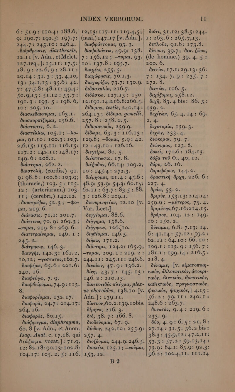 6: 51:9 * 110.4: 188.6, 9: 190.7: 192.5: 197.7: 244-71 245.10 1240.4. (διάρθρωσις, diarthrosis, 12.11 [v. Adn., et Melet. τες. τεστ 17.5: 2869:422.60;9 158.11, 35214 131.3133. 4; 10, ISOLE 3::95.6: 42. 7: 47.5,8: 48.11: 49.4: 50.909,13: 51.12: 55.7: ο ποσα 198.6; 70:205. 10. διασκεδάννυμαι, 163.1. «διασκορπίζοµαι, 156.6. διάστασις, 6. 2. 'διαστέλλω, 105.15; --λο- μας oito: 1060/5: τοῦ; ο ο σι το 2:1:1005: E425 ταν 149.17: 149. 6: 208.1. διάστηµα, 262.2. διαστολὴ, (cordis,) 9r. 9: 98.8: 100.8: 103.9; (thoracis,) 103. 5 : 115. I2; (arteriarum,) 103. II; (cerebri) 142.12. -διαστρέφω, 52.3 ; —do- pat, 219. 6. διάτασις, 71.1: 201.7. διάτεινω, 70. 9: 269.3; -νομαι, 210. ὃ : 269. 6. διατιτραίνοµαι, 146. I : 245. 2. διάτρησις, 146. 3. διαυγὴς, 142.3: 161.2, IO;I2; —yecraros, 162.7. διαφέρω, 60.6: 221.6: 240. 16. «διαφεύγω, 7. 9. διαφθείροµαι, 74.9 : 113. 8 διαφορέομαι, 132.17. διαφορὰ, 24.7: 214.17: 264. 16. διαφορὸς, 80.15. διάφραγμα, diaphragma, 6ο. 8 [ν. Adn., et Anon. Isag. Anat. c. 17,18. qui διάζωμα vocat,]: 71.9, 12: 82.18: 90.13:102.8: 104.17: 105. 2, 35 116, INDEX VERBORUM. I24EISZII7:LI2119.4,5; (nasi,) 147.17 [v. Adn.]. διαφράττομαι, 93. 3. διαφυλάττω, 49.9: 138. 7: 156.12; --τομαι, 93. το: 135.8 : 195.7. διαχέω, 255. 5. διαχώρησις, 70.I,3. διαχωρίζω, 73.7: 130.9. διδασκαλία, 216.7. διδάσκω, 127.13: 190. I2:191.14:216.8:266.5. δίδυμος, testis, 240.14 : 264.13 ; δίδυμα, gemelli, ο κ η διδυµοτοκία, 239.9. δίδωμι, 63.3 : 116.15: 129.8; -δομαι, 5.9 : 42. Yoi3 43:10 9: 126:16. -διεγείρω, 8o. 3. διέκπτωσις, 17.8. διέξοδος, 66.14: 109.2, IO: I45.4: 272.3. διέρχομαι, 21.4: 45.6 : 498.9: 53-9: 54-3: 60.15: ORTIS 63.97:483.5 (89; 3,9 126,8 2:269 T. διευκρινητέον, 12.10 [v. Var. Lect.] διηγέομαι, 88.6. διήγημα, 158.6; διήγησις, 126. 10. διηθέοµαι, 146.5. διήκω, 171.2. διΐστημι, 124.2: 165.9; -ταμαι, 209. I ; 219. 2: 244.11: 245.II: 246.6. δικαίως, 47. Q: 136.2. δίκη, 4317: 145. I3 : τ16.α τοι οἳ δικτυοειδὲς πλέγμα, ples- us choroides, 138.10 [v. Adm τη 591r. Oikrvov,60.2: 139.10bis. δίμηνα, 216. 3. διὸ, 38. 7: 166. 8. διοδεύομαι, 67. 9. δίοδος, 242.10: 255.9: 257. 4- διοζόοµαι, 244.9:246.5. διοικέω, 125.1; --κοῦμαι, 155,12. B 2 LI διότι, 31.12: 38.5: 244. x1263.6 ::26409932* διπλοῦς, 91.8: 173.8. δίπους, 39.7; διπ. ζῶον, (de homine,) 39. 4, 5 : 200. 6. διττὸς, 17.1: 29.13: 36. 7: 134. 7 9: 235.7: 252::8, διττῶς, 196. 5. διχάδοµαι, 258.12. διχῆ, 83. 4 bis: 86. 4: 139. 2. διχίτων, 65. 4, 14 : 69. DE Ai διχοτοµία, 139. 3. διχῶς, 233. 4. διώκομαι, 79. 7. διώνυμος, 123. 8. δοκεῖ, 170.6 : 184.13. δόξα τοῦ O., 40, I2. δόρυ, 26. 16. δορυφόρος, 144.2. δραστικὴ ἄρχη, 226. 6: 22/7. 4. δράω, 53.2. δριμὺς, 153.13: 214.14: 259.9; --μύτερος, 75. 4. δριμύτης,67.Ι6:214.19. δρόμος, IO4. 12 : 149. 1Ο: I50.2. δύναμαι, 6.8: 7.13: 14. μα τπτ 12 :250,2 4 63:11: 64:2105 όντα TOO MALLI OAS ONT II.I: 1099.14: 216.5 : 218. 4. δύναμις, [v. αἱματοποιη- τικὸς, ἀλλοιωτικὸς, ἀποκρι- τικὸς, ἑλκτικὸς, θρεπτικὸς, καθεκτικὸς, προγνωστικὸς, φυσικὸς, ψυχικὸς,] 4.15: 8622: που Iit μοδα 248.6 : 263.7. δυνατὸς, 9. 4 : 219. 6 : 233. 9. 9003/4. 9it:62.5 2:232 8: 27.14: 31-5: 36.2 bis: 38.3: 45.9,12: 47.2,11: 53-3: 57.2: 50.19.14: 73.9: 84.1: 85.9: 92.3: 06.2: 102.411: III.I4