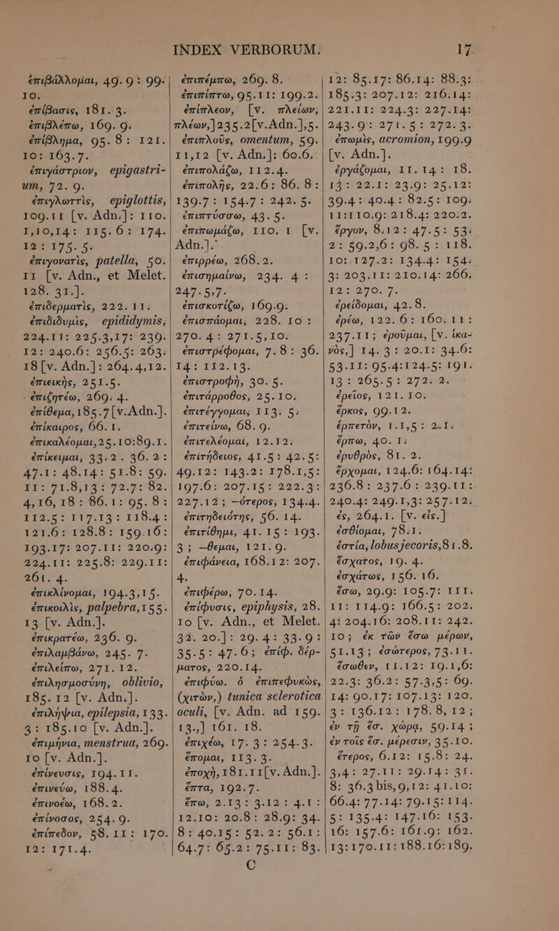 IO. ἐπίβασις, 181. 3. ἐπιβλέπω, 169. 9. ἐπίβλημα, 95. 8: 121. 16$163.7. ' ἐπιγάστριον, epigastri- um, 72. Ο. ἐπιγλωττὶς, epiglottis, 109.11 [v. Adn.]: ττο. 1016,14; 115.61 174. 19: 175. 5. ἐπιγονατὶς, patella, 50. II [v. Adn., et Melet. 138: πτ.]. ἐπιδερματὶς, 222.11. ἐπιδιδυμὶς, epididymis; 22411 1:-225.3,17:: 230. 12: 240.6: 256.5: 263; 18 [v. Adn.] : 264.4,12. ἐπιεικὴς, 251.5. - ἐπιζητέω, 269. 4. eníOeua, 185.7 [v.Adn.]. ἐπίκαιρος, 66. I. ἐπικαλέομαι,25.ΙΟ:90.1. ἐπίκειμαι, 33.2. 36.2: πι: 48.14: 51:8: 59. ο πο T7282. 4, 16, 138: 86.1: ος. 8: EELS STTTS S IIS: 121.6: 128.8: 159.16: 193.17: 207.11: 220.9: πολ, τας 225.0: 229.I I: “οι. 4. ἐπικλίνομαι, 104.3,1 5. ἐπικοιλὶς, palpebra,155. 14 [v. Adn.]. ἐπικρατέω, 296. 9. ἐπιλαμβάνω, 245. 7. ἐπιλείπω, 271.12. ἐπιλησμοσύνη, oblivio, 185. 12 [v. Adn.]. ἐπιλήψια, epilepsia, 133. 4 : 185.10 [v. Adn.]. ἐπιμήνια, menstrua, 269. 10 [v. Adn.]. ἐπίνευσις, 104.11. ἐπινείω, 188. 4. ἐπινοέω, 168.2. ἐπίνοσος, 254. 9. ἐπίπεδον, 58. 11: 170. I2: 171.4. | INDEX VERBORUM. ἐπιπίπτω, 95.11: I99.2. ἐπίπλεον, [v. πλείων, πλέων,]235.2[ν.Λάπ.],ς. ἐπιπλοῦς, omentum, 59. I1,I2 [v. Adn.]: 60.6. ἐπιπολάζω, 112.4. ἐπιπολῆς, 22.6: 86. 8: 139.7 : 154.7 : 242. 5. ἐπιπτύσσω, 43. 5. ἐπιπωμάζω, 110. 1 [v. Αάπ.]. i ἐπιρρέω, 268.2. ἐπισημαίνω, 234. 4 : 247. 5-7- ἐπισκοτίζω, 169.9. ἐπισπάομαι, 228. IO : 29049 27 1«5:105 ἐπιστρέφομαι, 7.8: 36. 1p: 112313 ἐπιστροφὴ, 30. 5. ἐπιτάρροθος, 25. 10. ἐπιτέγγομαι; II3. 5: ἐπιτείνω, 68. 9. ἐπιτελέομαί, 12.12. ἐπιτήδειος, 41.5: 42.5: 49.12: 143.2: 178.1,5: 197:6: 207.155 222.3: 227.12; --ότερος, 134.4. ἐπιτηδειότης, 96. 14. ἐπιτίθημι, 41.15: 193. 3; --θεμαι, 121. Q. ἐπιφάνεια, 168.12: 207. 4. ἐπιφέρω, 70.14. ἐπίφυσις, epiphysis, 28. τὸ [v. Adn., et Melet. 34. 26.]5520.4.: 3.0} 35.5: 47.6; ἐπίφ. δέρ- ματος, 220.14. ἐπιφύω. ὁ ἐπιπεφυκὼς, (xvràv,) tunica sclerotica oculi, [v. Adn. ad 159. 15.,] 161. 18. ἐπιχέω, 17. 3: 254.3. ἕπομαι, 113. 3. ἐποχὴ, 181.11[v. Adn.]. ἕπτα, 192.7. ero; 2:14 7 3.12 54.1: 12:10::20:8:.28.9: 44. 8 ?540|/TE σαι οσοι; 64.5 t 05.2175. 110 93. C 17 18553; 209.12: α1θελ 4: 221.11: 224.5: 227.I4: αλα ORED TAR, GARDLA ἐπωμὶς, acromion, 199.9 [ν. Adn.]. ἐργάζομαι, II. 14: 18. 135:52951:123:0125.12: 30.4: 40.4 : 82.5: 109. F13110:9::218:4: 22022. ἔργον, 8.12: 47.5: 53: 4: 89.2,6: 98.5 :: 118. IO:.127.2: I34.4: 154. 5: 203.11: 210:14: 266. 192 οσο. 7. ἐρείδομαι, 42.8. ἐρέω, 122. 6: 160. 11: 237.11; ἐροῦμαι, [ v. ika- νὸς] 14:5: 20.1: 34.6: 53.11: 95.4:124.5: IQT; 15 1:265: 9112700 d. ἐρεῖος, 121. IO. ἕρκος, 99.12. ἑρπετὸν, I.1,5 : 2.1. ἕρπω, 40. 1. ἐρυθρὸς, 81. 2. ἔρχομαι, 124.6: 164.14: 236,8:5:237.613:289. E Y: 240.4: 249.1,3: 257: 12: ἐς, 264.1. [v. eis.] ἐσθίομαι, 78.1. ἑστία, lobusjecoris,8 1.8. | ἔσχατος, 19. 4. ἐσχάτως, 156. 16. ἔσω, 29.9: 105.7: III. II: I I4.9: 106.5: 202, 14i 204.16: 208.11: 242. IO; ἐκ τῶν ἔσω μέρων, 51.14; ἐσώτερος, 73.11. ἔσωθεν, 11.12: I9.1,6: [αο,α: 30.4: $7.3,5: 60. I4: οο τς 1O07 L3 139: 252130: 12221158 ο E25 ἐν τῇ €T. χώρᾳ, 59.14 ; ἐν τοῖς ἔσ. μέρεσιν, 35.10. ἕτερος, 6.12: 15.8: 24. 3,4 127.11: 29.141 σα. 8: 536.3 bis,9,12: 41.10: 66.4: 77.14: 79.15: I 14. 5: 135.4: να τας. 16: 157.6: 161.9: 162. 13:170. 11:188.16:189.