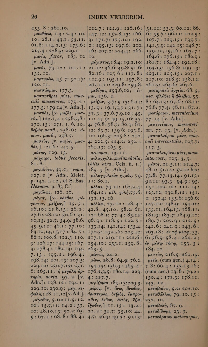 265. 8 : 261/16. µανθάνω, 1.3: 2.4 : το οσο TES LS 61.8: 114.2,15: 173.6 217:4/::22B8/&amp;: 2 20.1. μανία, furor, 185. το. [v. Adn.]. pavos, πο πας TOI 132. IO. μαρτυρέω, 45.7: 90.17: 12Ο. ΙΙ. μασσάομαι, 177.3. μασσητῆρες μύες, culi masseteres, 175.2 MUS- 258.5,8 a 6 uro: δεξιὸς μασθ., 258.6; d- ριστ. μασθ., 258.7. μαστὸς, |V. μαζὸς, µασ- SD RIS PA e LoT ee µάτην, 129. 13. μάχαιρα, lobus Jjecoris, 81. 8. µεγαλύνω, 39.2; --νομαι, τὸς,] 12273,4 : 2705143: p. 142. Hezaéem. p. 83 C.) μεγάλως, 126. 10. μέγας, [ν. κάνθος, pé- γίστος, pei(ov,] 15. 5: εοιιὸς οτδ τα οδα 27,6 228:112::30.0: 31. I0/13793217::34,9::3 0.6: “σον 40:1:777.101 905:10,14,15,527:: 84.7: 86.1: 100.8: 102.5: 110. 9: 126.17: 144.15: 167. 3: 178.4 : 180.153: 194. 7,15: 195.2 που. η: 198.14: 201.13: 207.5: 220.10: 230,7,13:- 251: 6: 265.11; ἡ μεγάλη áp- τηρία, aorta, 97. 2 [v. Adi]: 138. 12 : 194.1: 229.10: 230.9; μεγ. κε- $aA7, 128.1 1,12[v.Ad.]. μέγεθος, 5.10: I I.5: I2. το: 13,7; τα 87. Io: 48.10,13: 50.2: 65. | 5:6}.τ! 68.8: 88. 4: 126.16 : 166. 192. 202. 266. 112.7 :7122.9* I45.12::12 52.8.14: 1271,92: 1752 05 195.13: 197.6: TOO TANE: 10. 21.12: 36.6:49:85 51:6: 105-6:33117:8: 195.115. 199: 85 263.1,11: 229.8: 259.8. μεθίημι, 253.6,10; --ίε- 13795 16,135 7:523 167: aged seg. D, 0. TO: ας. 12:83 7:.1939/05- 107.8; το:.10δ.4: αος.8: 210. peXayxoMa,melancholia, 185. 9 [v. Adn.]. μελαγχολικὸς χυμὸς, 79. C90. µέλας, 79.11: 162.2,4: 164.12; μέλ. χολὴ,7ς.ό: 132514, 00. µέλλω, 27. 10: 28.4: :142.8::45.10::58;2: Ox, τ»: ὅθεν: 7774:9312: 96: 92118. 55122252 3 113.14: 1412242155 2C 170:3::1192,10: 203.12: 217.L:5210/ T3 :242 068 € 2544104:2565:2:/259; 8 : 2635. 5. μέντοι, 24.2. I54:131/1956.02 1054: 125.2,3,5: 180:14:2:223. | 4: 227.7. μερίζομαι, 189. 13:209.3. µέρος, [v. ἀριστερὸς, δεξιὸς, ἔμπρο- σθεν, ἔνδον, ἐντὸς, ἔξω, ' iid τπτ πα” : 31.7: 35.10: 44. | 47: e 49.3: 50.13: 51.11: 53:3: 66.18» 86. 65 95.7: 96:11: του ο. I07.7: 120.15: 135.75 141.5,0: 142.15: ὙΠ; 159.10,15,10: 105€. 164.6: 176.13: τοσα. 181.7: 184:4 S192 B7 193-15: 196.8: 199.15: 203.1: 205.18 ο. 217.10: 218.5: 250 T 261.3: 264-0: στο. μεσαραϊκὰ ἀγγεῖα, 68. 5; μεσ. φλέβες ἢ φλέβια, 55. 8: 64.13: 67.6 : 68.11: 70.8: 59.35 4B NI 87.2. µεσάραιον, mesenterium, 77.14 [vc Adna µεσεντέριον, mesenteri- σα, 77. 13. [v. ΠΒ. μεσοπλεύριοι μύες, mus- culi intercostales, 105.7: Lic E] intercost., τος. ἃν ἂν μέσος, 21.5,11: 24.4.7; 49.1: 51:24:52 EXER 75.8::22.13.14:90 10885 92.11::93:3 : 94/08 05 15:109: 16 3 HIER IE 125.12; 150,8, 12 ἘΠῊΝ 2: 193.4: τ36.6: 1205€ I47.10: 148.9: 154.10: 155.11: 104.15: TOSHI: 181.9: 183.7: 184.9,10: 189. 7: 207.9: 210 950 241.6:.242. 09:794 9080 263.18; ἐν τῷ μέσῳ, 33. 6: 56.5159. οπου. ἐν μέσῳ τόπῳ, 153. 3: 184. το. perà, (cum gen.) 4.14 : 7-8: 66.4: 153. X3 Ps | (cum acc.) 13.8: 79.2: | usd» ασ.» 178.11: |243. I2. | µεταβαίνω, 5.2: 202.10. μεταβάλλω, 79. IO, 15 : 232. 50; μεταδίδωμι, 23:8 p.erakápmuiov ,metacarpus,