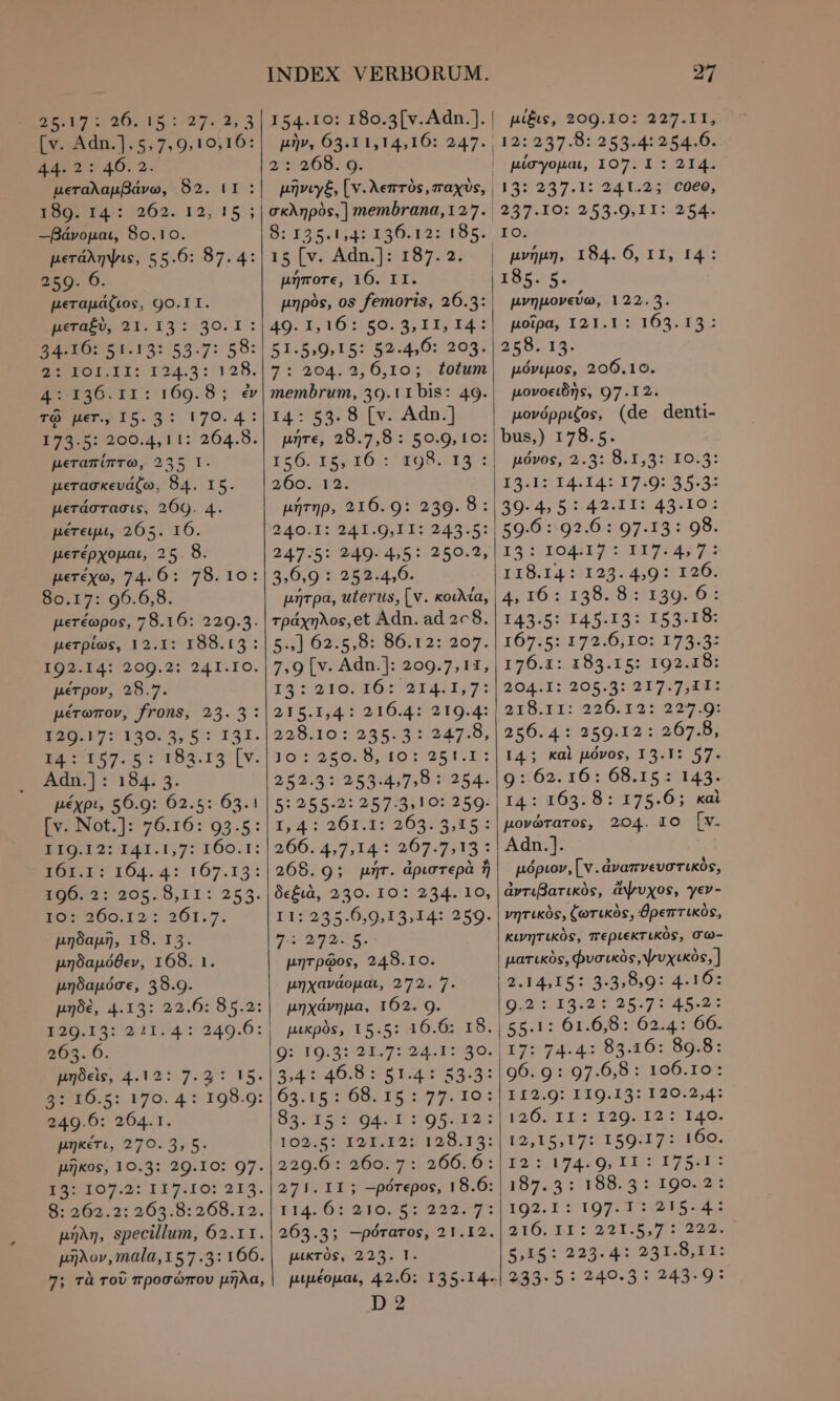 E175 25105 27.3, 3 ο dn-1/5,7,9,10)16: iu e 46: 2. μεταλαμβάνω, 82. 11 : τι: α62. 12: 15 5| -βάνομαι, 80.10. μετάληψις, 55.6: 87. 4: 250. 6. μεταμάζιος, 99.11. μεταξὺ, 21. 14: 36.1: ο ο σε Τα σαι 58: ο ο II: 124.3: 128. 4: 136.11: 169. 8; ἐν τῷ μετ., 15. 3: 170. 4: 173.5: 200.4,11: 264.8. μεταπίπτω, 235 1. μετασκευάζω, 84. 15. μετάστασις, 269. 4. μέτειμι, 265. 16. μετέρχομαι, 25. 8. µετέχω, 74.6: 78.10: 80.17: 96.6,8. µετέωρος, 78.16: 229.3. μετρίως, 12.1: I88.13: IB9-T4:209.2: 241-10. pérpov, 28.7. μέτωπον, frons, 23. 3: 130 17: τησ 57 151. ERU If 6: 154.15: [v. Adn.] : 184. 5. µέχρι, 56.9: 62.5: 63.1 [o0 N5t.]1:2 76.16: 95.5: 110-12: 141.1,7: 160.1: IESUS 104.4: 167.15: 10002:-205. 8,11: 255. το, π6ο.τ2- 261.7. μηδαμῆ, 18. 13. μηδαμόθεν, 168. 1. μηδαμόσε, 38.9. μηδὲ, 4.13: 22.6: 85.2: 120.13: 241.4. 549:6: 265. 6. μηδεὶς, 4.12: 7.2 : 15. τό ς 170. 4: 198.9: 249.6: 264.1. μηκέτι, 270. 3, 5. μῆκος, 10.3: 20.10: 97. I3: IO7.2: I I7.IO: 213. 8: 262.2: 263.8:268.12. μήλη, specillum, 62.11. μῆλον, mala, 1 57 .3: 166. 7; τὰ τοῦ προσώπου μῆλα, μὴν, 63.11,14,16: 247. 2: 268. 9. 15 [v. Adn.]: 187.2. µήποτε, 16. 11. 49: 1,16.:150. 3, 1 1944: $1:5:9, 15: 81.4,6::203: 7: 204.2,6,10; totum membrum, 39.11bis: 49. 14: 53:8 (v: Adni] μήτε, 28.7,8: 50.9,10: I56.0$910:5'199. 15: 26ο. 13. μήτηρ, 216. 9: 239. 8: $40,1184€:9; £1» 243.5: 24715:/98930/455: 250.2, 3,6;9 : 253.4.6. μήτρα, uterus, (v. κοιλία, τράχηλος, et Adn. ad 2c8. ει ο νε οστού ασ: 7,9 [ν. Adn.]: 209.7, 11, 4: 4 70) 9 Gt 2TA τή 215.145 310.42 219:4: 228.10: 235.3: 247.8, Jo : 250. 8, I0 : 251.I: 252.3: 253:4,7,9 1: 254. 5: 255.2: 257.3,10: 259. 1,4 :201:1: 26325,1554 266. 4»7,14: 267.7,13: 268.9; μήτ. ἀριστερὰ ἢ δεξιὰ, 230. 10: 234. 10, I1:235.6,9,15,14: 259. 7: 272. 5. μητρῷος, 248.10. μηχανάομαι, 272. 7. μηχάνημα, 162. 9. μικρὸς, 15.5: 16.6: 18. ος 19:3: 23.71 245,1: ^80. 254 5:40:82 6 14r 783.35 63.152680 15: 29,10; O3 1595 ο 595512: 1025: 122022: 128.13: 229.6: 260.7: 266.6: 271. II; —pórepos, 18.6: E146: 24160,8322 2 97: 263.3; —póraros, 21.12. μικτὸς, 223. 1. 9 - D 27 μίξις, 209.10: 227.11, 12: 257.8:253.4:2 54,6: μίσγομαι, IO7. I: 214. 13: 237.1: 241.25: 6066, 257.10: 253.9,I11: 254 IO. μνήμη, 184. 6, II, I4: μνημονεύω, 122.5. μοῖρα, I21.1 : 163.13: 258. 13. μόνιμος, 206.10. μονοειδὴς, 97.12. µονόρριζος, (de denti- bus,) 178.5. pius) 2.3: 515301044: 13.1: 14.14: 17.9: 35.3: 3024; 55423115 45:19: $9.6 ::92.6 : 97.13 : 98. 13:104 12 παρ 118.14:::12232459021 220) 4,165 145848:5139:5; 145.51 145.151 τοσο. 167.5: 172.6,10: 173.5: 176.1: 183.15: 192.18: 204-1: 205.3: 217 «7/13 218.11: 226.12: 227.9: 256.4: 359.12 1267.8; 14; καὶ μόνος, 13.1: 57. 9 : 62. 16: 68.15: 143. I4: 163. 8: 175.6; xai μονώτατος, 204. IO [ν. Adn.]. μόριον, [v . ἀναπνευστικὸς, ἀντιβατικὸς, ἄψυχος, γεν- νητικὸς, ζωτικὸς, θρεπτικὸς, κινητικὸς, περιεκτικὸς, σω- ματικὸς, φυσικὸς, ψυχικὸς,] 2.14:15::3.5,8,9: 44102 9.2: 13.2: 25.7: 45.2: 17: 74.4: 83.106: 89.8: 96. 9: 97.6,8: 106.10: 112.9: 110.14: 120.2,4: 126: 10: 129212 :-P49. 12,15,17: 159.17: 160. I2: 174.9, IX: 175.1: 187.3: 188. 3: 190.2: 192.1: 197.171.215. 4.: 216. 11: 221.5,7 1/222. 516: 223.4: 231.8, 11: 233.5: 240.3: 243.9: