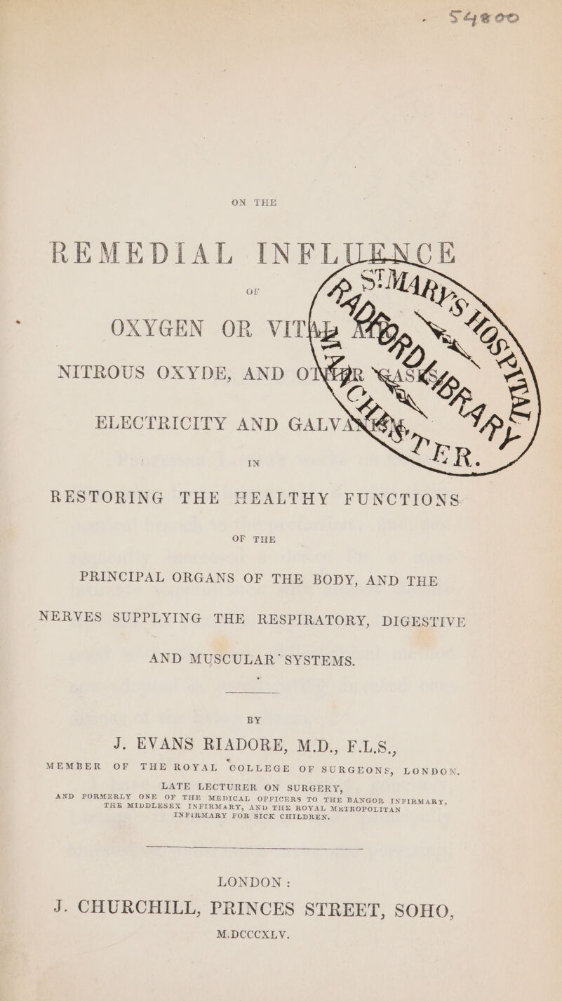 S44 eon ON THE OF OXYGEN OR VITS NITROUS OXYDE, AND OW ELECTRICITY AND GALVAY IN RESTORING THE HEALTHY FUNCTIONS OF THE PRINCIPAL ORGANS OF THE BODY, AND THE NERVES SUPPLYING THE RESPIRATORY, DIGESTIVE AND MUSCULAR’ SYSTEMS. BY J. EVANS RIADORE, M_D., F.L.S., MEMBER OF THE ROYAL COLLEGE OF SURGEONS, LONDON. LATE LECTURER ON SURGERY, AND FORMERLY ONE OF THE MEDICAL OFFICERS TO THE BANGOR INFIRMARY, THE MIDDLESEX INFIRMARY, AND THE ROYAL METROPOLITAN INFIRMARY FOR SICK CHILDREN. LONDON : J. CHURCHILL, PRINCES STREET, SOHO, M.DCCCXLYV.