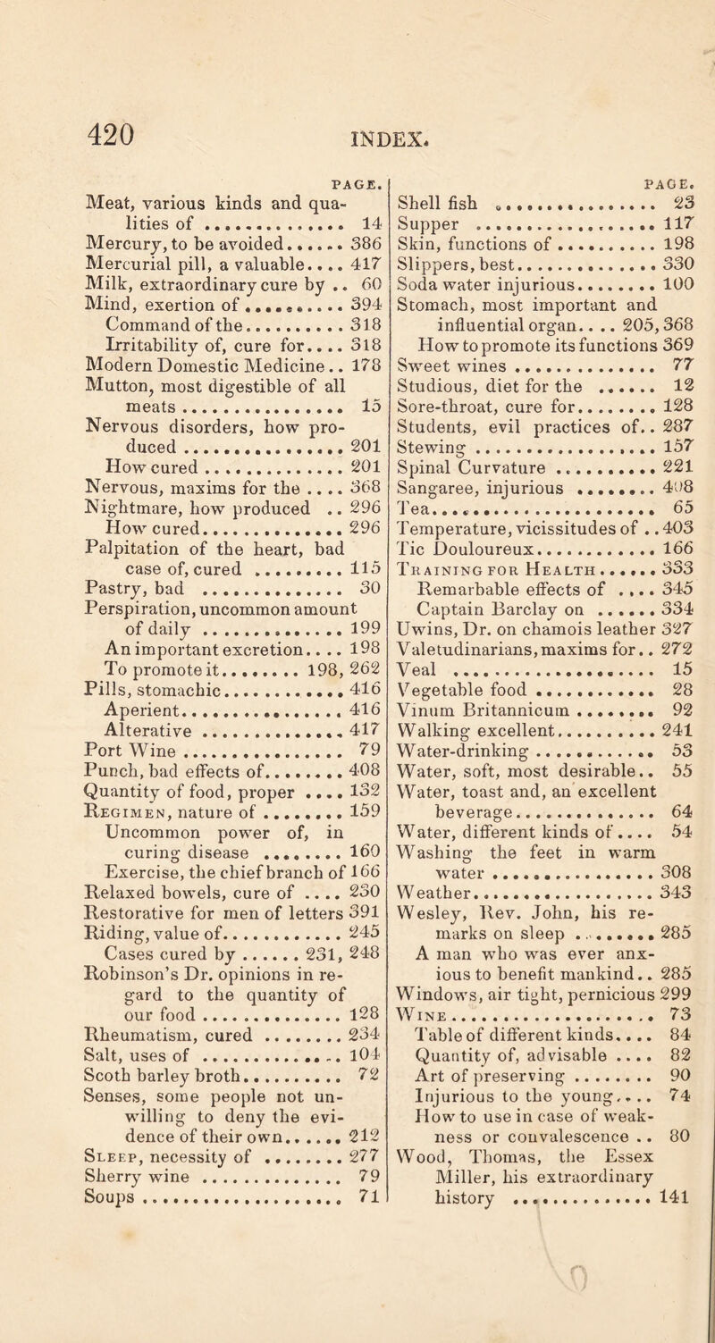 PAGE. Meat, various kinds and qua- lities of 14 Mercury, to be avoided 386 Mercurial pill, a valuable.... 417 Milk, extraordinary cure by .. 60 Mind, exertion of .... e«.... 394 Command of the 318 Irritability of, cure for.... 318 Modern Domestic Medicine.. 178 Mutton, most digestible of all meats 15 Nervous disorders, bow pro- duced 201 How cured 201 Nervous, maxims for the .... 368 Nightmare, how produced .. 296 How cured 296 Palpitation of the heart, bad case of, cured 115 Pastry, bad 30 Perspiration, uncommon amount of daily 199 An important excretion.... 198 To promote it 198,262 Pills, stomachic 416 Aperient 416 Alterative ..417 Port Wine 79 Punch, bad effects of 408 Quantity of food, proper .... 132 Regimen, nature of 159 Uncommon power of, in curing disease 160 Exercise, the chief branch of 166 Relaxed bowels, cure of .... 230 Restorative for men of letters 391 Riding, value of 245 Robinson’s Dr. opinions in re- gard to the quantity of our food .... 128 Rheumatism, cured 234 Salt, uses of -. 104 Scoth barley broth 72 Senses, some people not un- willing to deny the evi- dence of their own...... 212 Sleep, necessity of 277 Sherry wine 79 Soups 71 page. Shell fish 23 Supper 117 Skin, functions of 198 Slippers, best 330 Soda water injurious. 100 Stomach, most important and influential organ.. .. 205,368 How to promote its functions 369 Sweet wines 77 Studious, diet for the ...... 12 Sore-throat, cure for 128 Students, evil practices of.. 287 Stewing 157 Spinal Curvature 221 Sangaree, injurious 408 Tea.... 65 Temperature, vicissitudes of .. 403 Tic Douloureux 166 Training for Health ...... 333 Remarbable effects of .... 345 Captain Barclay on 334 Uwins, Dr. on chamois leather 327 Valetudinarians,maxims for.. 272 Veal 15 Vegetable food 28 Vinum Britannicum ........ 92 Walking excellent 241 Water-drinking 53 Water, soft, most desirable.. 55 Water, toast and, an excellent beverage 64 Water, different kinds of.... 54 Washing the feet in warm water 308 W eather 343 Wesley, Rev. John, his re- marks on sleep 285 A man who was ever anx- ious to benefit mankind.. 285 Windows, air tmht, pernicious 299 Wine 73 Table of different kinds.... 84 Quantity of, advisable .... 82 Art of preserving 90 Injurious to the young,... 74 How to use in case of weak- ness or convalescence .. 80 Wood, Thomas, the Essex Miller, his extraordinary history 141