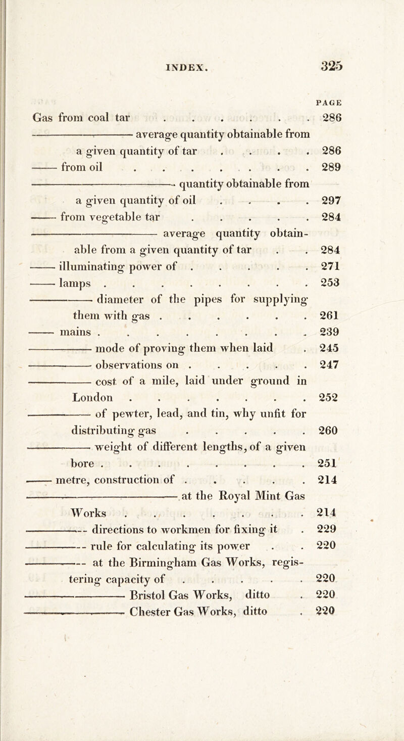 Gas from coal tar average quantity obtainable from a given quantity of tar .... from oil ... . quantity obtainable from a given quantity of oil from vegetable tar ..... — average quantity obtain- able from a given quantity of tar illuminating power of . lamps ........ diameter of the pipes for supplying them with gas ...... mains ........ — mode of proving them when laid observations on . —— cost of a mile, laid under ground in London ....... — of pewter, lead, and tin, why unfit for distributing gas ..... — weight of different lengths, of a given bore ........ —- metre, construction of . — at the Royal Mint Gas Works ....... directions to workmen for fixing it —— rule for calculating its power — at the Birmingham Gas Works, regis- tering capacity of .... -—— Bristol Gas Works, ditto —— — Chester Gas Works, ditto PAGE 286 286 289 297 284 284 271 253 261 239 245 247 252 260 251 214 214 229 220 220 220 220