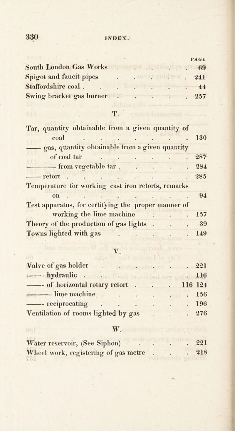 4 INDEX. ' PAGE South London Gas Works 69 Spigot and faucit pipes . . . . .241 Staffordshire coal ....... 44 Swing bracket gas burner ..... 257 T. Tar, quantity obtainable from a given quantity of coal . . . . . . 130 gas, quantity obtainable from a given quantity of coal tar ...... 287 • from vegetable tar ..... 284 retort ........ 285 Temperature for working cast iron retorts, remarks on ........ 94 Test apparatus, for certifying the proper manner of working the lime machine . . .157 Theory of the production of gas lights ... 39 Towns lighted with gas . . . . .149 V. Valve of gas holder ...... 221 hydraulic . . . . . . .116 of horizontal rotary retort . . .116 124 — lime machine ...... 156 reciprocating . . . . . .196 Ventilation of rooms lighted by gas . . . 276 W. Water reservoir, (See Siphon) . . . .221 Wheel work, registering of gas metre . . . 218