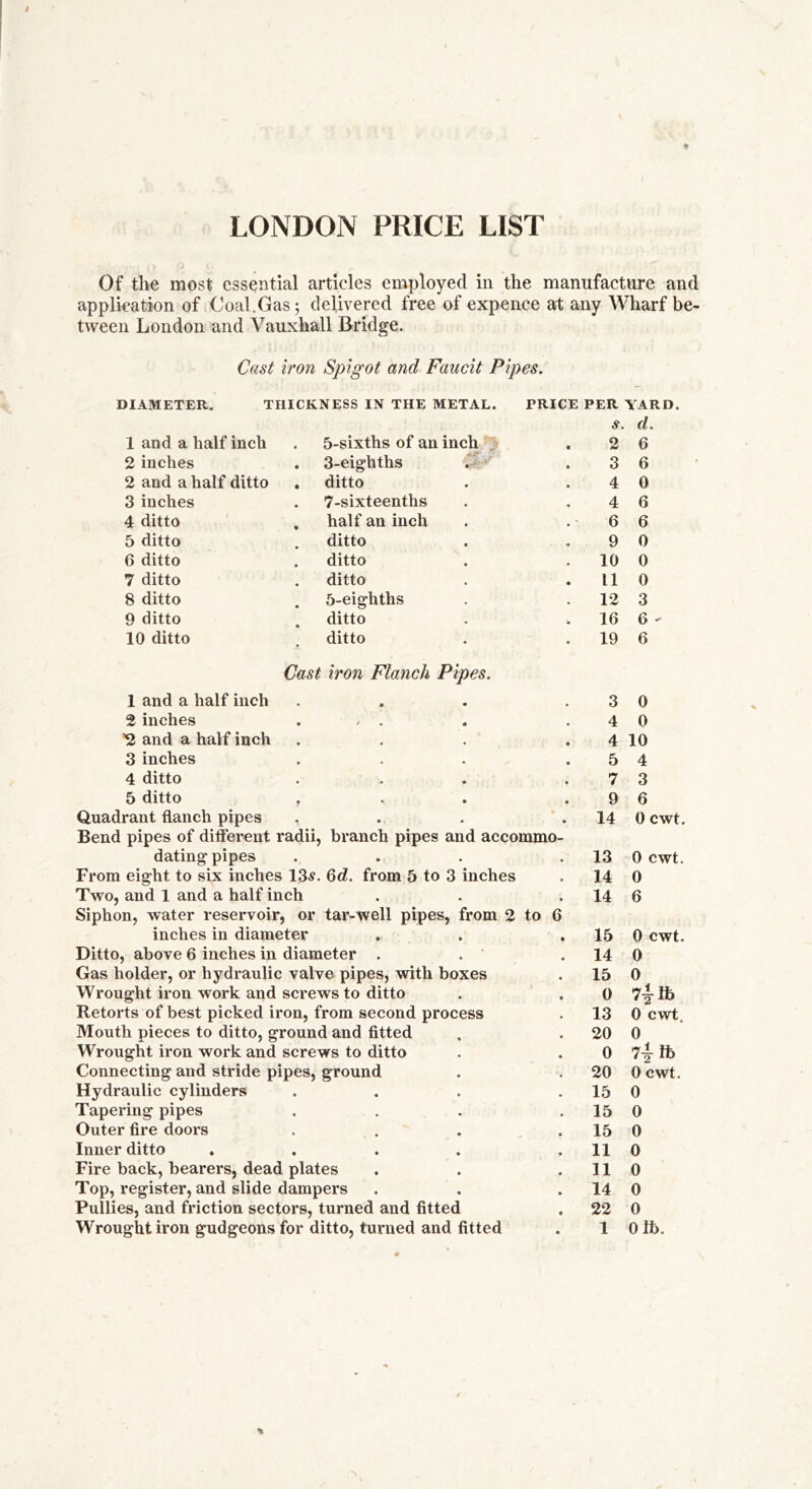 LONDON PRICE LIST Of the most essential articles employed in the manufacture and application of Coal.Gas; delivered free of expence at any Wharf be- tween London and Vauxhall Bridge. Cast iron Spigot and Faucit Pipes. DIAMETER. THICKNESS IN THE METAL. TRICE PER YARD. s. d. 1 and a half inch 5-sixths of an inch 2 6 2 inches 3-eighths 3 6 2 and a half ditto ditto 4 0 3 inches 7-sixteenths 4 6 4 ditto half an inch . 6 6 5 ditto ditto 9 0 6 ditto ditto . 10 0 7 ditto ditto LI 0 8 ditto 5-eighths . 12 3 9 ditto ditto . 16 6 - 10 ditto ditto Cast iron Flanch Pipes. . 19 6 1 and a half inch • • 3 0 2 inches * * * 4 0 2 and a half inch , . 4 10 3 inches . 5 4 4 ditto • • 7 3 5 ditto •: • 9 6 Quadrant flanch pipes Bend pipes of different radii, branch pipes and accommo dating pipes From eight to six inches 13-?. 6d. from 5 to 3 inches Two, and 1 and a half inch Siphon, water reservoir, or tar-well pipes, from 2 to inches in diameter Ditto, above 6 inches in diameter . Gas holder, or hydraulic valve pipes, with boxes Wrought iron work and screws to ditto Retorts of best picked iron, from second process Mouth pieces to ditto, ground and fitted Wrought iron work and screws to ditto Connecting and stride pipes, ground Hydraulic cylinders Tapering pipes Outer fire doors Inner ditto Fire back, bearers, dead plates Top, register, and slide dampers Pullies, and friction sectors, turned and fitted Wrought iron gudgeons for ditto, turned and fitted 14 0 cwt. 13 0 cwt. 14 0 14 6 15 0 cwt. 14 0 15 0 0 7'1-lb 13 0 cwt. 20 0 0 7|lb 20 0 cwt. 15 0 15 0 15 0 11 0 11 0 14 0 22 0 1 olb.