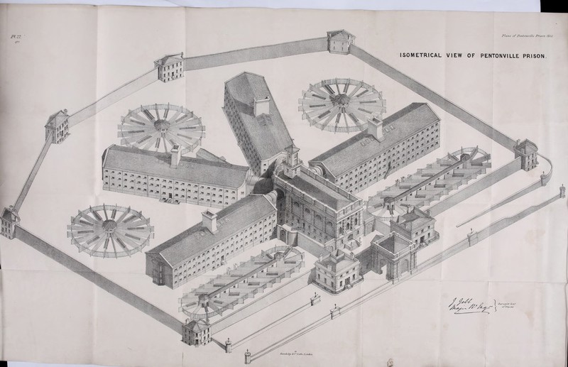 PI 22 SVC w Stctnduhjf & C° I, ithgtL ondon. Flans erf Pentonville .Prison 1844 \ SOM ETRJCAL VIEW OF PENTONVILLE PRISON.