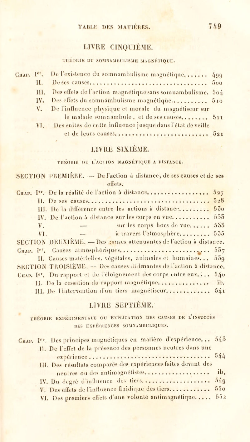 LIVRE CINQUIÈME. niKOIllK DU SOMNAMBULISME MAGNÉTIQUE. Chap. Ier. De I existence ilu somnambulisme magnétique 499 II. De ses causes 5oo III. Des effets de l'action magnétique sans somnambulisme. 5o4 IV. Des effets du somnambulisme magnétique 5io V. De 1 influence physique et morale tlu magnétiseur sur le malade somnambule , et de scs causes 5n VI. Des suites de celte influence jusque dans l'état de veille et de leurs causes 521 LIVRE SIXIÈME. THÉORIE DE I.’aCIION MAGNETIQUE A DISTANCE. SECTION PHEMIÈIîE. — Del’aclion à distance, de scs causes et de ses effets. CiiAr. I*r. De la réalité de l’action à distance 5ay II. De scs causes 5aS III. De la différence entre les actions à distance 55o IV. De l’action à distance sur les corps en vue 553 V. — sur les corps bois de vue 533 VJ. — à travers l’atmosphère 555 SECTION DEUXIEME. —Des causes atténuantes de l’action à distance. Chap. Ier. Causes atmosphériques .. . . 55y II. Causes matérielles, végétales, animales et humaines. . . 55g SECTION TROISIÈME. — Des causes dirimantes de I action à distance. Ciiap. Ier. Du rapport cl de l’éloignement des corps entre eux.... 54o II. De la cessation du rapport magnétique ib. III. De l'intervention d’un tiers magnétiseur 54i LIVRE SEPTIÈME. THEORIE EXPERIMENTALE OU EXPLICATION DES CAUSES DE L INSUCCÈS DES EXPÉRIENCES SOMNAMBULIQUES. Chap. Ier. Des principes magnétiques en matière d’expérience... 545 Ii. De l’effet de la présence des personnes neutres dans une expérience 544 lli. Des résultats comparés des expériences faites devant des neutres ou des anlimagnélistes ib, IV. Du degré il influence des tiers 54g V. Des effets de l’influence lluidiquc des tiers 55o VI. Des premiers effets d’une volonté antimagnélique 55a