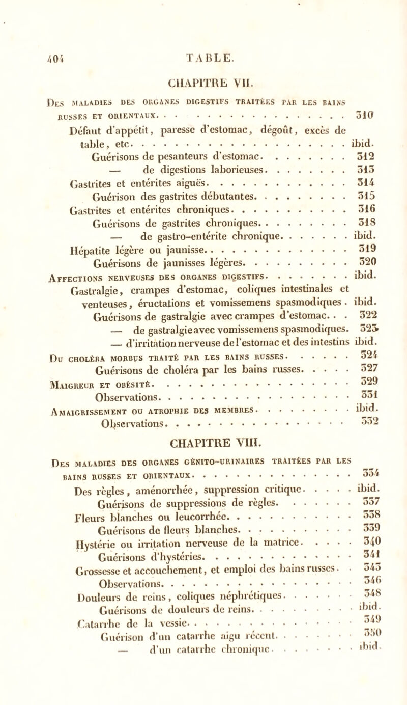 CHAPITRE VII. Des maladies des organes digestifs traitées par les fains RUSSES ET ORIENTAUX 310 Defaut d’appétit, paresse d’estomac, dégoût, excès de table, etc ibid- Guérisons de pesanteurs d’estomac 312 — de digestions laborieuses 313 Gastrites et entérites aiguës 314 Guérison des gastrites débutantes 315 Gastrites et entérites chroniques 316 Guérisons de gastrites chroniques 318 — de gastro-entérite chronique ibid. Hépatite légère ou jaunisse 319 Guérisons de jaunisses légères 320 Affections nerveuses des organes digestifs ibid. Gastralgie, crampes d’estomac, coliques intestinales et venteuses, éructations et vomissemens spasmodiques, ibid. Guérisons de gastralgie avec crampes d’estomac.. . 322 — de gastralgie avec vomissemens spasmodiques. 32V — d’irritation nerveuse de l’estomac et des intestins ibid. Du CHOLÉRA MORBUS TRAITÉ PAR LES BAINS RUSSES 324 Guérisons de choléra par les bains russes 327 Maigreur et obésité ^29 Observations 331 Amaigrissement ou atrophie des membres ibid. Observations CHAPITRE VIII. Des maladies des organes génito-urinaires traitées par les BAINS RUSSES ET ORIENTAUX Des règles, aménorrhée, suppression critique ibid. Guérisons de suppressions de règles 337 Fleurs blanches ou leucorrhée 338 Guérisons de fleurs blanches 339 Hystérie ou irritation nerveuse de la matrice 340 Guérisons d’hystéries 341 Grossesse et accouchement, et emploi des bains russes. • 313 Observations *46 Douleurs de reins, coliques néphrétiques 348 Guérisons de douleurs de reins Catarrhe de la vessie Guérison d’un catarrhe aigu récent 3'»0 — d’un catarrhe chronique *bid.