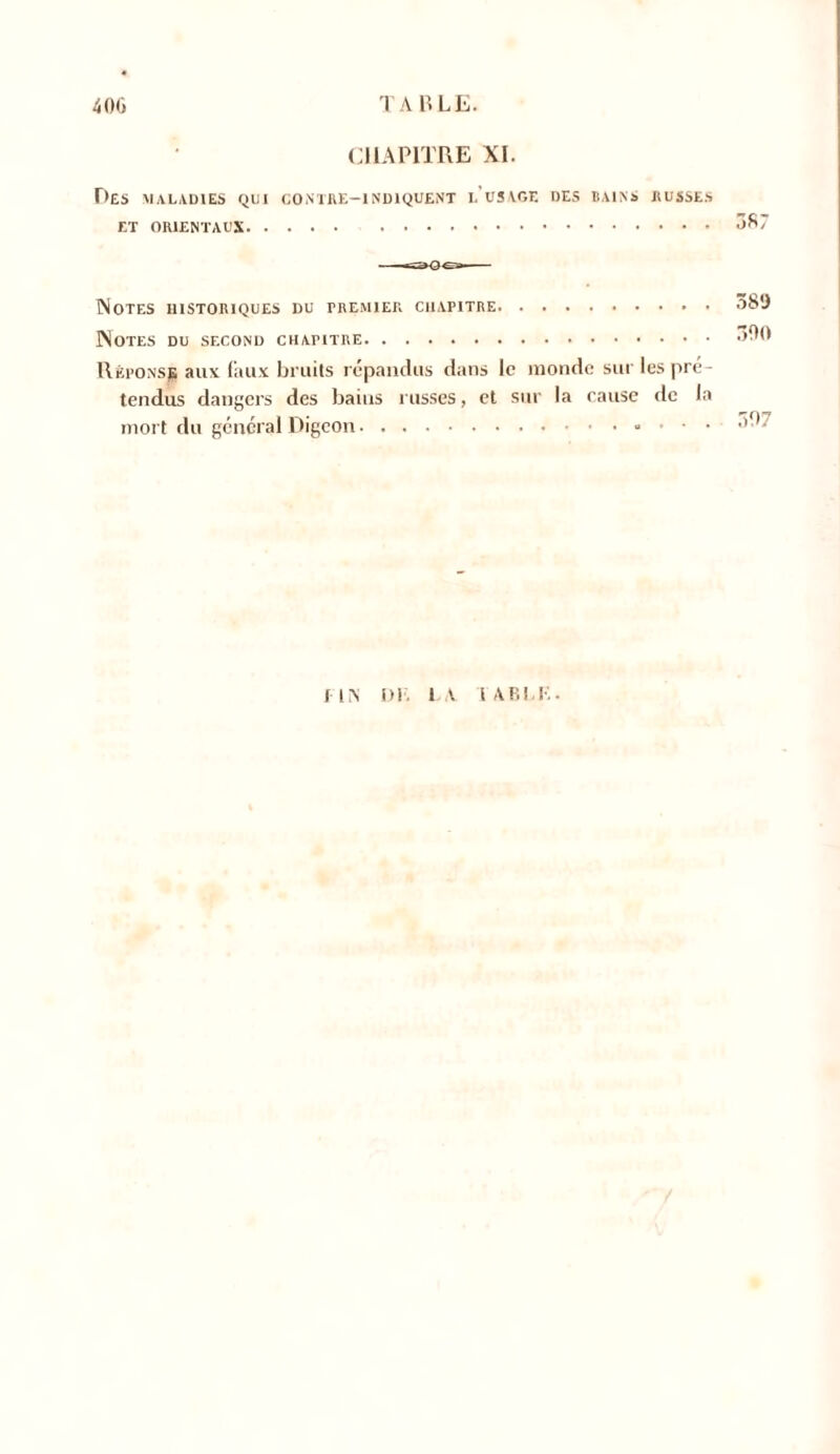 CHAPITRE XI. Des maladies qui contre-indiquent l’usage des bains russes ET ORIENTAUX 38” Notes historiques du premier chapitre Notes du second chapitre Répons^ aux faux bruits répandus dans le monde sur les pré- tendus dangers des bains russes, et sur la cause de la mort du général Digeon « • • • 380 300 307 FIN Di- U T A B l, K •