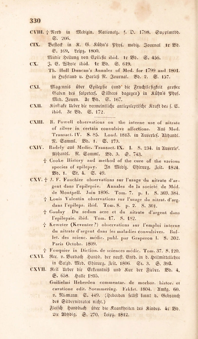 CVI1I. f 9iorb in 9Jlebi§tn. mationolg. f. D. 1798. ©upplmtbb. ©. 208. C1X. 35oftccf in SC. ©. -51'üfyn’b mebtj. Journal lr 33b. 169* geipg. 1800. SXubie Teilung ron (SpiUfie ibid. lr £5b. ©. 456. CX. 3- ©* 2ity»te ibid. lr 28b. ©. 619. Tli. Mall Duncan’s Annales of Med. for 1799 and 1801. in £iufe(anb u. $arleß dl. Journal. 33b. 2. ©. 157. CX1. SDlagcnnib über ©püepfie (unb bic grudjttcfigfeit gvoßec ©abtn beb falpeterf. ©ilberb bagegen) in Äüijn’b spfygf. 50ieb. Sourn. 3r 35b. ©. 167. €X11. Äinflafe Ueber bic rermeinttidje amiepdepttfdje Ä'raft bes f. ©. ibid. 3r 35b. ©. 172. CX11I. K. PoweJi observalions on the interne use of nitrale of silver in certain convulsive affections. 2lub Med. Transact. IV. S. 85. Lond. 1813. in 21'uberlcf. 3fbl)anb(. dl. ©amml. 28b. 1. ©. 173. CXLY'. Badely aub Medic. Transact. IX. I. S. 234. in 2fuber(er. ‘ilbfyanbl. 9L ©amml. 233b. 3. ©. 743. ■j* Cooke History and melhod of the eure of the various species of epilepsy. Sn 93?ebtj. Chirurg. 3eit. 1824. 28b. 1. ©t. 4. ©. 49. CXYr. *j* J. F. Fauchier observalions sur l’usage du nitrate d’ar- gent dans l’epilepsie. Annales de la societe de Med. de Montpell. Juin 1806. Tom. 7. p. 1. S. 369.384. y Louis Yralentin observalions sur l’usage du nitrat, d’arg. dans l’epileps. ibid. Tom. 8. p. 2. S. 301. f Gaulay Du sedum acre et du nitrate d’argent dans l’epilepsie. ibid. Tom. 17. S. 182. y Keweter (Keventer?) observations sur l’emploi interne du nitrate d’argent dans les maladies Convulsives. Bul- let. des scienc. medic. publ. par Graperon I. 8. 302. Paris Octobr. 1809. y Fouquier in Diclion. de Sciences medic. Tom. 37. 8.120. CXY'l. 9?cc. n. 33urbad) ^anbb. ber neuft. Gsntb. in b. £eilmittellet)re in ©al$b. ddlcb. Chirurg, 3eit. 1806. ©t. 3. ©. 393. CXYTI. Siiil lieber bic (Srlenntniß unb 2tur ber gieber. 28b. 4. ©. 658. 2paUe 1805. Guilielmi Heberden commentar. de morbor. histor. et curatione edit. Soemmering. Frkfrl. 1804. 3fmfg. 60. r. mann. ©. 449. (Jpebeibcn fclbft leimt b. ©ebrattd) beb ©iibernitratcb nid)t.) gfetfd^ £anbbud) über bic ßranfijeiten beb Äinbeö« 4r 2Bd. 2te 21bt)btg. ©. 270. ßcipj-, 1812.