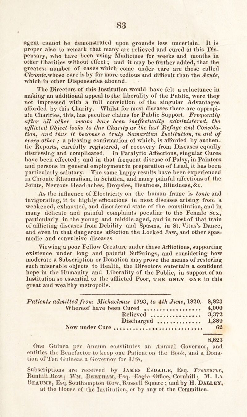 agent cannot be demonstrated upon grounds less uncertain. It is proper also to remark that many are relieved and cured at this Dis- peusary, who have been using Medicines for weeks and months in other Charities without effect; and it may be further added, that the greatest number of cases which come under care are those called Chronic,whose cure is by far more tedious and difficult than t\xe Acute, which in other Dispensaries abound. The Directors of this Institution would have felt a reluctance in making an additional appeal to the liberality of the Public, were they not impressed with a full conviction of the singular Advantages afforded by this Charity. Whilst for most diseases there are appropi- ate Charities, this, has peculiar claims for Public Support. Frequently after all other means have been ineffectually administered, the afflicted Object looks to this Charity as the last Refuye and Consola- tion, and thus it becomes a truly Samaritan Institution, in aid of every other ; a pleasing confirmation of which, is afforded by authen- tic Reports, carefully registered, of recovery from Diseases equally distressing and complicated. In Paralytic Affections, singular Cures have been effected ; and in that frequent disease of Palsy, in Painters and persons in general employment in preparation of Lead, it has been particularly salutary. The same happy results have been experienced in Chronic Rheumatism, in Sciatica, and many painful affections of the Joints, Nervous Head-aches, Dropsies, Deafness, Blindness, &c. As the influence of Electricity on the human frame is tonic and invigorating, it is highly efficacious in most diseases arising from a weakened, exhausted, and disordered state of the constitution, and in many delicate and painful complaints peculiar to the Female Sex, particularly in the young and middle-aged, and in most of that train of afflicting diseases from Debility and Spasms, in St. Vitus’s Dance, and even in that dangerous affection the Locked Jaw, and other spas- modic and convulsive diseases. Viewing a poor Fellow Creature under these Afflictions, supporting existence under long and painful Sufferings, and considering how moderate a Subscription or Donation may prove the means of restoring such miserable objects to Health, the Directors entertain a confident hope in the Humanity and Liberality of the Public, in support of an Institution so essential to the afflicted Poor, the only one in this great and wealthy metropolis. Patients admitted from Michaelmas 1793, to 4 th June, 1820. 8,823 Whereof have been Cured ,. 4,000 Relieved 3,372 Discharged 1,389 Now under Cure 62 8,823 One Guinea per Annum constitutes an Annual Governor, and entitles the Benefactor to keep one Patient on the Book, and a Dona- tion of Ten Guineas a Governor for Life. Subscriptions are received by James Esdaile, Esq. Treasurer, Bunhill Row- Wm. Beetham, Esq. Eagle Office, Cornhill; M. La Beaume, Esq. Southampton Row , Russell Square ; and by H. DalleY, at the House of the Institution, or by any of the Committee.