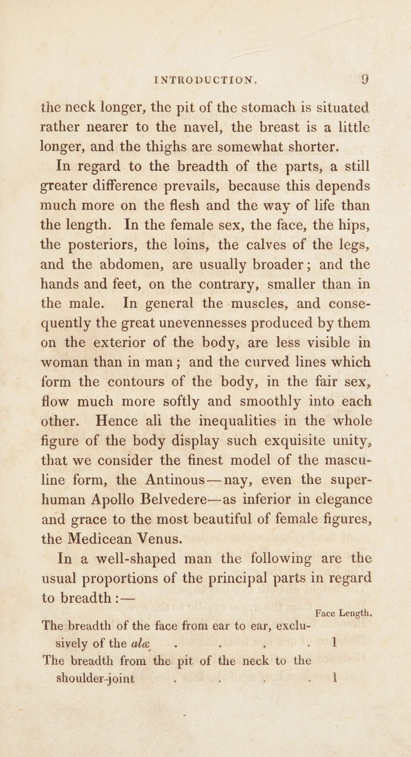 the neck longer, the pit of the stomach is situated rather nearer to the navel, the breast is a little longer, and the thighs are somewhat shorter. In regard to the breadth of the parts, a still greater difference prevails, because this depends much more on the flesh and the way of life than the length. In the female sex, the face, the hips, the posteriors, the loins, the calves of the legs, and the abdomen, are usually broader; and the hands and feet, on the contrary, smaller than in the male. In general the muscles, and conse- quently the great unevennesses produced by them on the exterior of the body, are less visible in woman than in man; and the curved lines which form the contours of the body, in the fair sex, flow much more softly and smoothly into each other. Hence ali the inequalities in the whole figure of the body display such exquisite unity, that we consider the finest model of the mascu- line form, the Antinous—nay, even the super- human Apollo Belvedere—as inferior in elegance and grace to the most beautiful of female figures, the Medicean Venus. | In a well-shaped man the following are the usual proportions of the principal parts in regard to breadth :— Face Length. The breadth of the face from ear to ear, exclu- sively of the ale | The breadth from the pit of the tieck to the —shoulder-joint aa