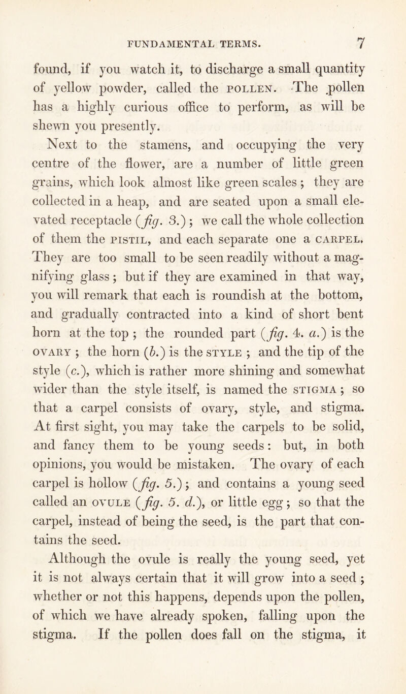 found, if you watch it, to discharge a small quantity of yellow powder, called the pollen. -The pollen has a highly curious office to perform, as will be shewn you presently. Next to the stamens, and occupying the very centre of the flower, are a number of little green grains, which look almost like green scales ; they are collected in a heap, and are seated upon a small ele¬ vated receptacle (fig. 3.); we call the whole collection of them the pistil, and each separate one a carpel. They are too small to be seen readily without a mag¬ nifying glass; but if they are examined in that way, you will remark that each is roundish at the bottom, and gradually contracted into a kind of short bent horn at the top ; the rounded part {fig. 4. a.) is the ovary ; the horn (5.) is the style ; and the tip of the style (c.), which is rather more shining and somewhat wider than the style itself, is named the stigma ; so that a carpel consists of ovary, style, and stigma. At first sight, you may take the carpels to he solid, and fancy them to be young seeds: hut, in both opinions, you would be mistaken. The ovary of each carpel is hollow {fig. 5.) j and contains a young seed called an ovule {fig. 5. d.), or little egg; so that the carpel, instead of being the seed, is the part that con¬ tains the seed. Although the ovule is really the young seed, yet it is not always certain that it will growT into a seed ; whether or not this happens, depends upon the pollen, of which we have already spoken, falling upon the stigma. If the pollen does fall on the stigma, it