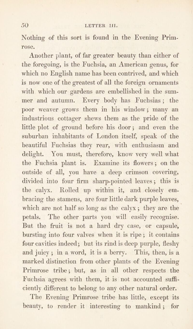 Nothing* of this sort is found in the Evening Prim¬ rose. Another plant, of far greater beauty than either of the foregoing, is the Fuchsia, an American genus, for which no English name has heen contrived, and which is now one of the greatest of all the foreign ornaments with which our gardens are embellished in the sum¬ mer and autumn. Every body has Fuchsias ; the poor weaver grows them in his window; many an industrious cottager shews them as the pride of the little plot of ground before his door; and even the suburban inhabitants of London itself, speak of the beautiful Fuchsias they rear, with enthusiasm and delight. You must, therefore, know very well what the Fuchsia plant is. Examine its flowers; on the outside of all, you have a deep crimson covering, divided into four firm sharp-pointed leaves; this is the calyx. Rolled up within it, and closely em¬ bracing the stamens, are four little dark purple leaves, which are not half so long as the calyx; they are the petals. The other parts you will easily recognise. But the fruit is not a hard dry case, or capsule, bursting into four valves when it is ripe; it contains four cavities indeed; but its rind is deep purple, fleshy and juicy ; in a word, it is a berry. This, then, is a marked distinction from other plants of the Evening Primrose tribe; but, as in all other respects the Fuchsia agrees with them, it is not accounted suffi¬ ciently different to belong to any other natural order. The Evening Primrose tribe has little, except its beauty, to render it interesting to mankind; for