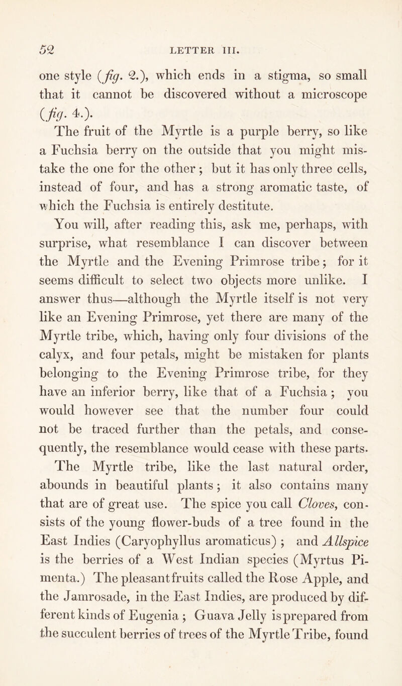 one style (fig. 2.), which ends in a stigma, so small that it cannot be discovered without a microscope (.fig- 40- The fruit of the Myrtle is a purple berry, so like a Fuchsia berry on the outside that you might mis¬ take the one for the other ; but it has only three cells, instead of four, and has a strong aromatic taste, of which the Fuchsia is entirely destitute. You will, after reading this, ask me, perhaps, with surprise, what resemblance I can discover between the Myrtle and the Evening Primrose tribe; for it seems difficult to select two objects more unlike. I answer thus—although the Myrtle itself is not very like an Evening Primrose, yet there are many of the Myrtle tribe, which, having only four divisions of the calyx, and four petals, might be mistaken for plants belonging to the Evening Primrose tribe, for they have an inferior berry, like that of a Fuchsia ; you would however see that the number four could not be traced further than the petals, and conse¬ quently, the resemblance would cease with these parts. The Myrtle tribe, like the last natural order, abounds in beautiful plants ; it also contains many that are of great use. The spice you call Cloves, con¬ sists of the young flower-buds of a tree found in the East Indies (Caryophyllus aromaticus) ; and Allspice is the berries of a West Indian species (Myrtus Pi- men ta.) The pleasant fruits called the Rose Apple, and the Jamrosade, in the East Indies, are produced by dif¬ ferent kinds of Eugenia ; Guava Jelly is prepared from the succulent berries of trees of the Myrtle Tribe, found