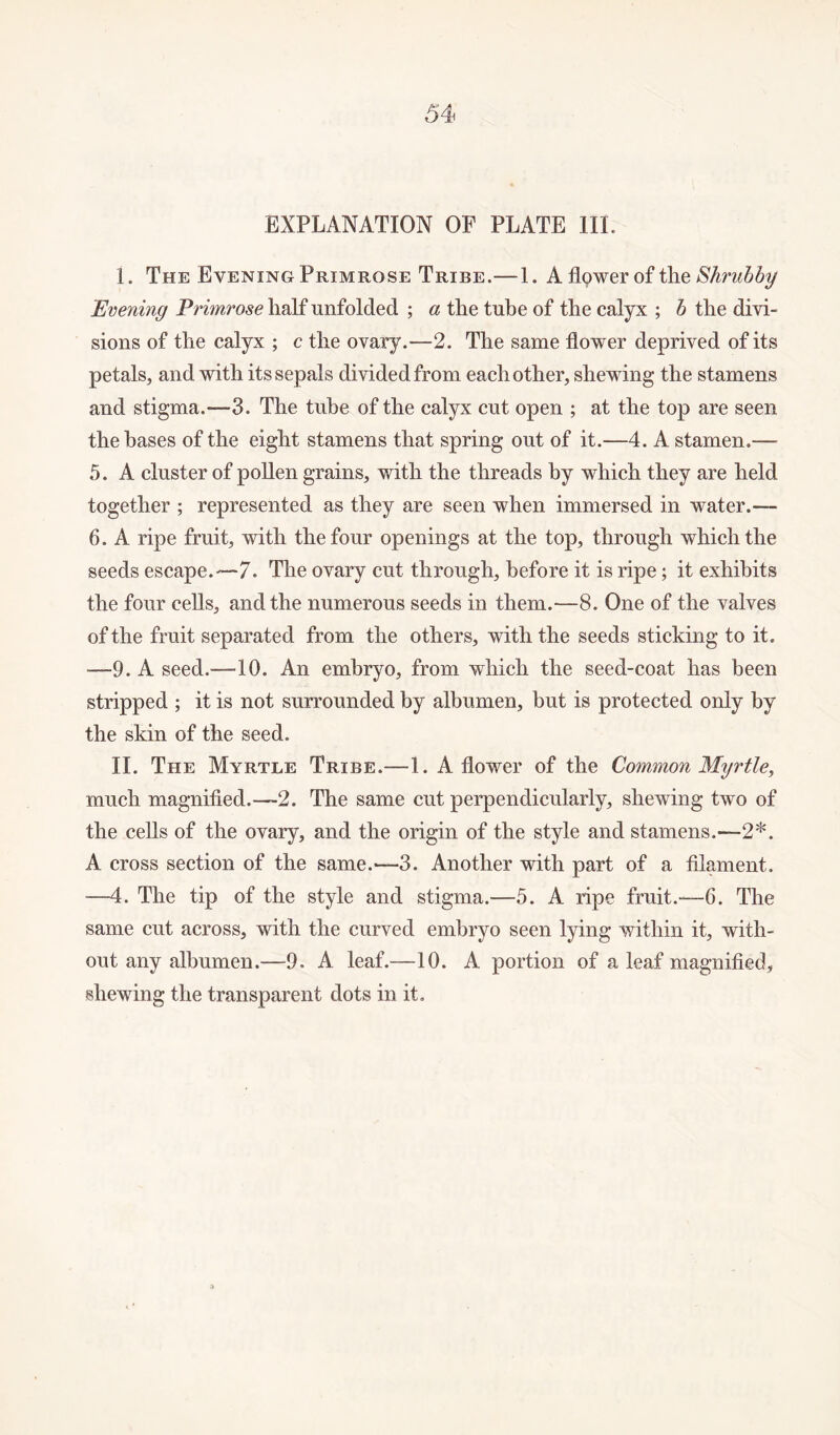 EXPLANATION OF PLATE III. I. The Evening Primrose Tribe.—1. A flower of the Shrubby Evening Primrose half unfolded ; a the tube of the calyx ; b the divi¬ sions of the calyx ; c the ovary.—2. The same flower deprived of its petals, and with its sepals divided from each other, shewing the stamens and stigma.—3. The tube of the calyx cut open ; at the top are seen the bases of the eight stamens that spring out of it.—4. A stamen.— 5. A cluster of pollen grains, with the threads by which they are held together ; represented as they are seen when immersed in water.— 6. A ripe fruit, with the four openings at the top, through which the seeds escape.—7. The ovary cut through, before it is ripe; it exhibits the four cells, and the numerous seeds in them.—8. One of the valves of the fruit separated from the others, with the seeds sticking to it. —9. A seed.—10. An embryo, from which the seed-coat has been stripped ; it is not surrounded by albumen, but is protected only by the skin of the seed. II. The Myrtle Tribe.—1. A flower of the Common Myrtle, much magnified.—2. The same cut perpendicularly, shewing two of the cells of the ovary, and the origin of the style and stamens.—2*. A cross section of the same.-—3. Another with part of a filament. —4. The tip of the style and stigma.—5. A ripe fruit.—6. The same cut across, with the curved embryo seen lying within it, with¬ out any albumen.—9. A leaf.—10. A portion of a leaf magnified, shewing the transparent dots in it.