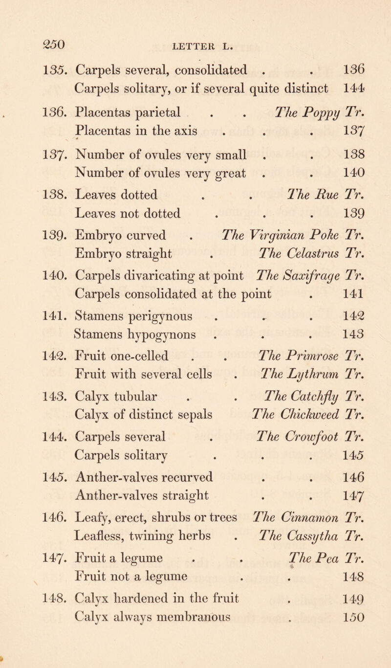 135. 136. 137. 138. 139. 140. 141. 142. 143. 144. 145. 146. 147. 148. Carpels several, consolidated . . 136 Carpels solitary, or if several quite distinct 144 Placentas parietal Placentas in the axis Number of ovules very small Number of ovules very great Leaves dotted Leaves not dotted The Poppy Tr. 137 138 140 The Rue Tr. 139 Embryo curved . The Virginian Poke Tr. Embryo straight . The Celastrus Tr. Carpels divaricating at point The Saxifrage Tr. Carpels consolidated at the point . 141 Stamens perigynous . . .142 Stamens hypogynons . . .143 Fruit one-celled Fruit with several cells Calyx tubular Calyx of distinct sepals Carpels several Carpels solitary Anther-valves recurved Anther-valves straight Leafy, erect, shrubs or trees Leafless, twining herbs Fruit a legume Fruit not a legume Calyx hardened in the fruit Calyx always membranous The Primrose Tr. The Ly thrum Tr. The Catchfiy Tr. The Chickweed Tr. The Crowfoot Tr. 145 146 147 The Cinnamon Tr. The Cassytha Tr. The Pea Tr. & 148 149 150