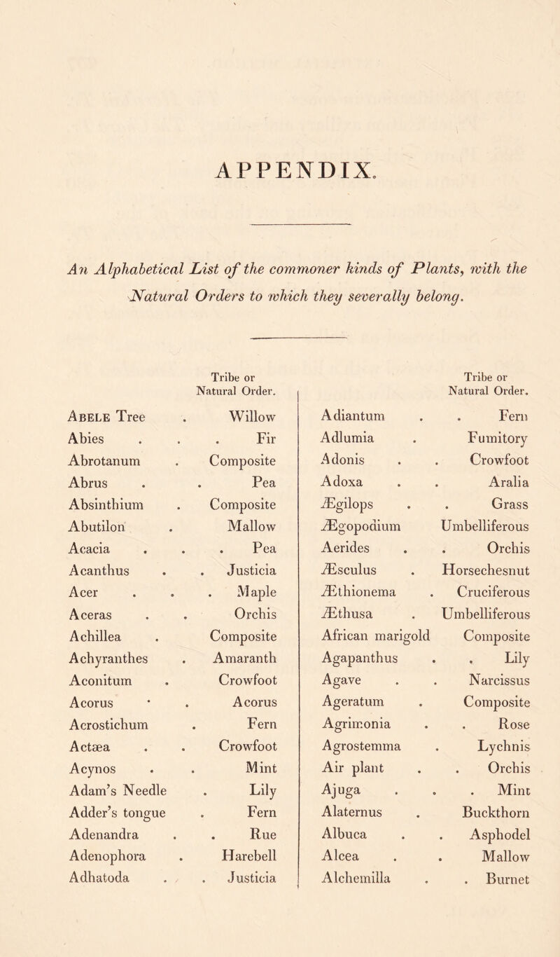 APPENDIX, An Alphabetical List of the commoner kinds of Plants, with the Natural Orders to which they severally belong. Tribe or Natural Order. Abele Tree Willow Abies Fir Abrotanum Composite Abrus . Pea Absinthium Composite Abutilon Mallow Acacia . Pea Acanthus . Justicia Acer . M aple Aceras Orchis Achillea Composite Achyranthes Amaranth Aconitum Crowfoot Acorus Acorus Acrostichum . Fern Actsea Crowfoot Acynos . Mint Adam’s Needle Lily Adder’s tongue . Fern Adenandra . Rue Adenophora Harebell Adhatoda . Justicia Tribe or Natural Order. Adiantum . Fern Adlumia Fumitory Adonis . Crowfoot Adoxa . Arab a iEgilops . Grass AEgopodium Umbelliferous Aerides . Orchis AEsculus Horsechesnut AEthionema Cruciferous AEthusa Umbelliferous African marigold O Composite Agapanthus . . Lily Agave . Narcissus Ageratum Composite Agrimonia . Rose Agrostemma . Lychnis Air plant . Orchis Ajuga . . Mint Alaternus Buckthorn Alhuca . Asphodel Alcea . Mallow Alchemilla . Burnet