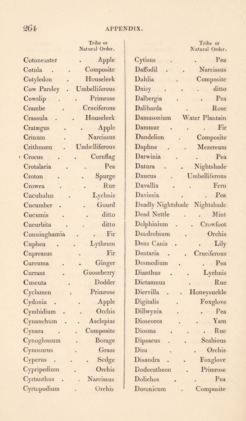 Tribe or Cotoneaster Natural Order. . Apple Cotula Composite Cotyledon Houseleek Cow Parsley . Umbelliferous Cowslip . Primrose Crambe Cruciferous Crassula , Houseleek Crataegus „ Apple Cr inum Narcissus Crithmum Umbelliferous Crocus . Cornflag Crotalaria Pea Croton . Spurge Crowea . Rue Cucubalus Lychnis Cucumber . . Gourd Cucumis . ditto Cucurbita . ditto Cunninghamia . Fir Cuphea . Ly thrum Cupressus Fir Curcuma . Ginger Currant Gooseberry Cuscuta Dodder Cyclamen Primrose Cydonia . Apple Cymbidium . . Orchis Cynanchum . Asclepias Cynara . Composite Cynoglossum . Borage Cynosurus Grass Cyperus . Sedge Cypripedium . Orchis Cyrtanthus Narcissus Cytisus Daffodil . Dahlia Daisy Dalbergia Dalibarda Damasonium Dammar Dandelion Daphne Darwinia Datura Daucus Davallia Daviesia Tribe or Natural Order, . Pea . Narcissus Composite . . ditto . Pea . Rose Water Plantain . . Fir Composite , Mezereum . Pea . Nightshade Umbelliferous , Fern , . Pea Deadly Nightshade Nightshade Dead Nettle Delphinium Dendrobium Dens Canis Dentaria Desmodium Dianthus Dictamnus Dier villa Digitalis Dillwynia Dioscorea Diosma Dipsacus Disa Disanclra . Dodecatheon Dolichos . Mint . Crowfoot Orchis Lily Cruciferous . Pea , Lychnis . Rue Honeysuckle Foxglove . Pea . Yam R ue Scabious . Orchis Foxglove Primrose . Pea