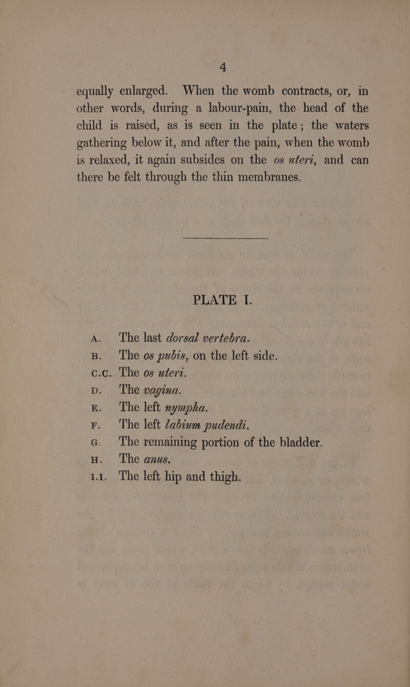 4 equally enlarged. When the womb contracts, or, in other words, during a labour-pain, the head of the child is raised, as is seen in the plate; the waters gathering below it, and after the pain, when the womb is relaxed, it again subsides on the os wterz, and can there be felt through the thin membranes. PLATE I. A. The last dorsal vertebra. . The os pubis, on the left side. c.c. The os utere. . The vagina. E. The left nympha. F. The left Zabium pudendi. G. The remaining portion of the bladder. H. The anus.