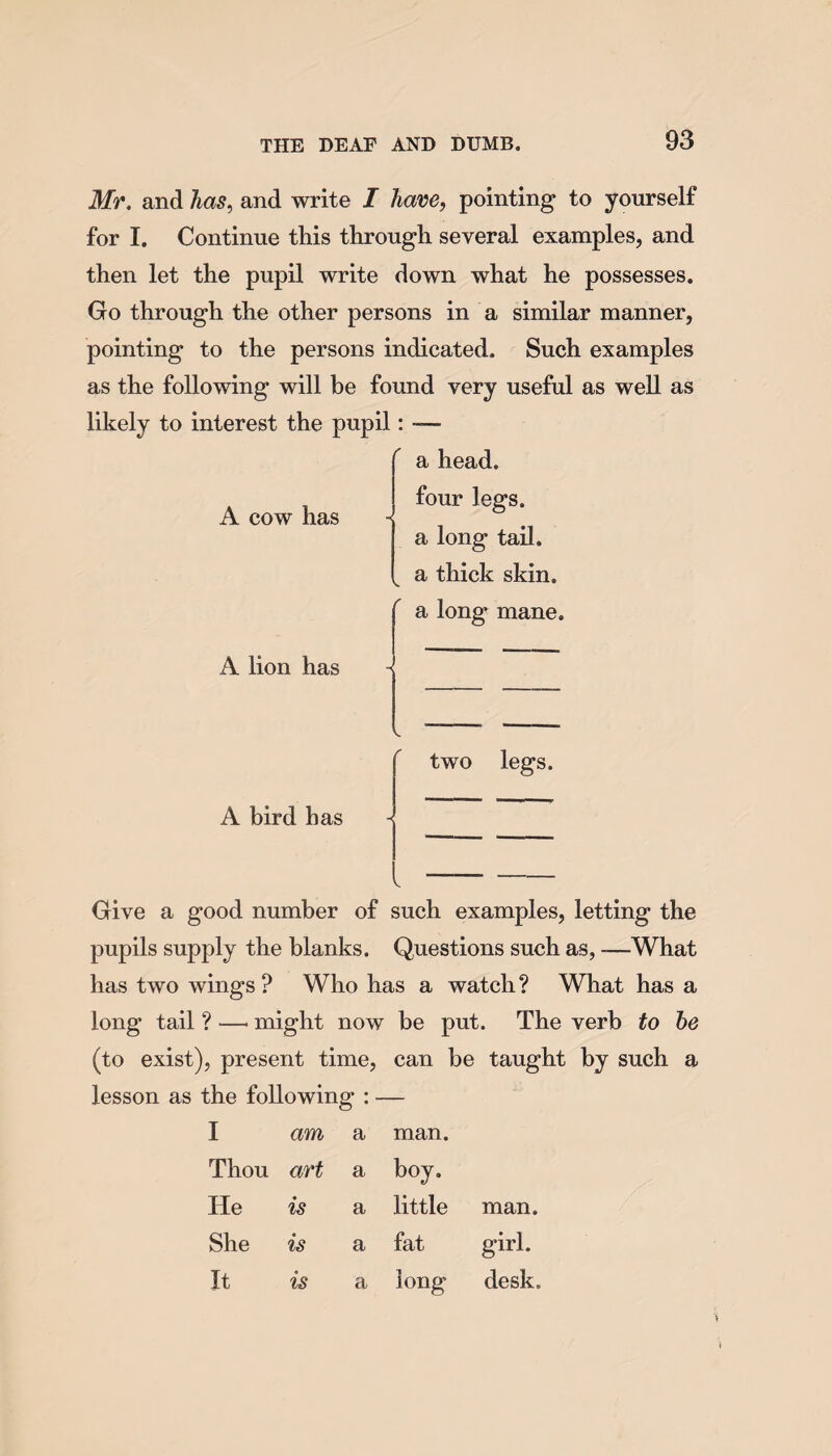 Mr. and has, and write I have, pointing to yourself for I. Continue this through several examples, and then let the pupil write down what he possesses. Go through the other persons in a similar manner, pointing to the persons indicated. Such examples as the following will be found very useful as well as likely to interest the pupil: -— A cow has r r a head, four legs, a long tail, a thick skin, a long mane. A lion has two legs. A bird has Give a good number of such examples, letting the pupils supply the blanks. Questions such as, —What has two wings ? Who has a watch ? What has a long tail ? —• might now be put. The verb to he (to exist), present time, can be taught by such a lesson as the following : — I am a man. Thou art a boy. He is a little man. She is a fat girl. It is a long desk.