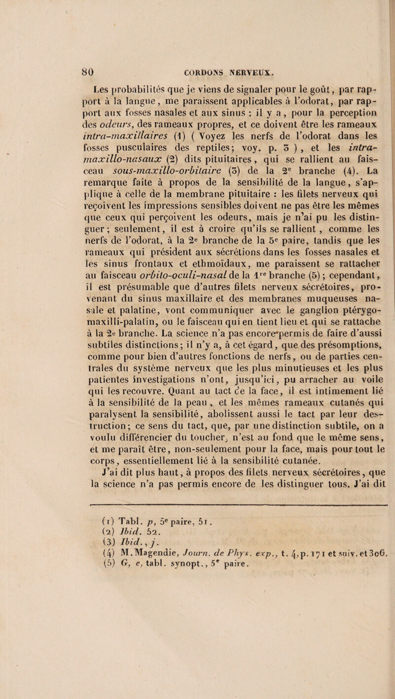 Les probabilités que je viens de signaler pour le goût, par rap¬ port à Sa langue, me paraissent applicables à l’odorat, par rap¬ port aux fosses nasales et aux sinus : il y a , pour la perception des odeurs, des rameaux propres, et ce doivent être les rameaux intra-maxillaires (1) ( Voyez les nerfs de l’odorat dans les fosses pusculaires des reptiles; voy. p. 5 ) , et les intra- maxillo-nasaux (2) dits pituitaires, qui se rallient au fais¬ ceau sous-maxillo-orbitaire (3) de la 2e branche (4). La remarque faite à propos de la sensibilité de la langue, s’ap¬ plique à celle de la membrane pituitaire : les filets nerveux qui reçoivent les impressions sensibles doivent ne pas être les mêmes que ceux qui perçoivent les odeurs, mais je n’ai pu les distin¬ guer ; seulement, il est à croire qu’ils se rallient , comme les nerfs de l’odorat, à la 2e branche de la 5e paire, tandis que les rameaux qui président aux sécrétions dans les fosses nasales et les sinus frontaux et ethmoïdaux, me paraissent se rattacher au faisceau orbito-oculi-nasal delà lre branche (5); cependant, il est présumable que d’autres filets nerveux sécrétoires, pro¬ venant du sinus maxillaire et des membranes muqueuses na¬ sale et palatine, vont communiquer avec le ganglion ptérygo- maxilli-palatin, ou le faisceau qui en tient lieu et qui se rattache à la 2e branche. La science n’a pas encore*permis de faire d’aussi subtiles distinctions; il n’y a, à cet égard , que des présomptions, comme pour bien d’autres fonctions de nerfs, ou de parties cen¬ trales du système nerveux que les plus minutieuses et les plus patientes investigations n’ont, jusqu’ici, pu arracher au voile qui les recouvre. Quant au tact de la face, il est intimement lié à la sensibilité de la peau , et les mêmes rameaux cutanés qui paralysent la sensibilité, abolissent aussi le tact par leur des¬ truction; ce sens du tact, que, par une distinction subtile, on a voulu différencier du toucher^ n’est au fond que le même sens, et me paraît être, non-seulement pour la face, mais pour tout le corps, essentiellement lié à la sensibilité cutanée. J’ai dit plus haut, à propos des filets nerveux sécrétoires, que la science n’a pas permis encore de les distinguer tous. J’ai dit (1) Tabî. p, 5e paire, 5r. (2) Ibicl. 62. (3) Ibid., j. (4) M.Magendie, Journ. de Phys, erp., t. 4„p-171 et suiv.et3o6. (5) G, e, tabl. synopt., 5* paire. I