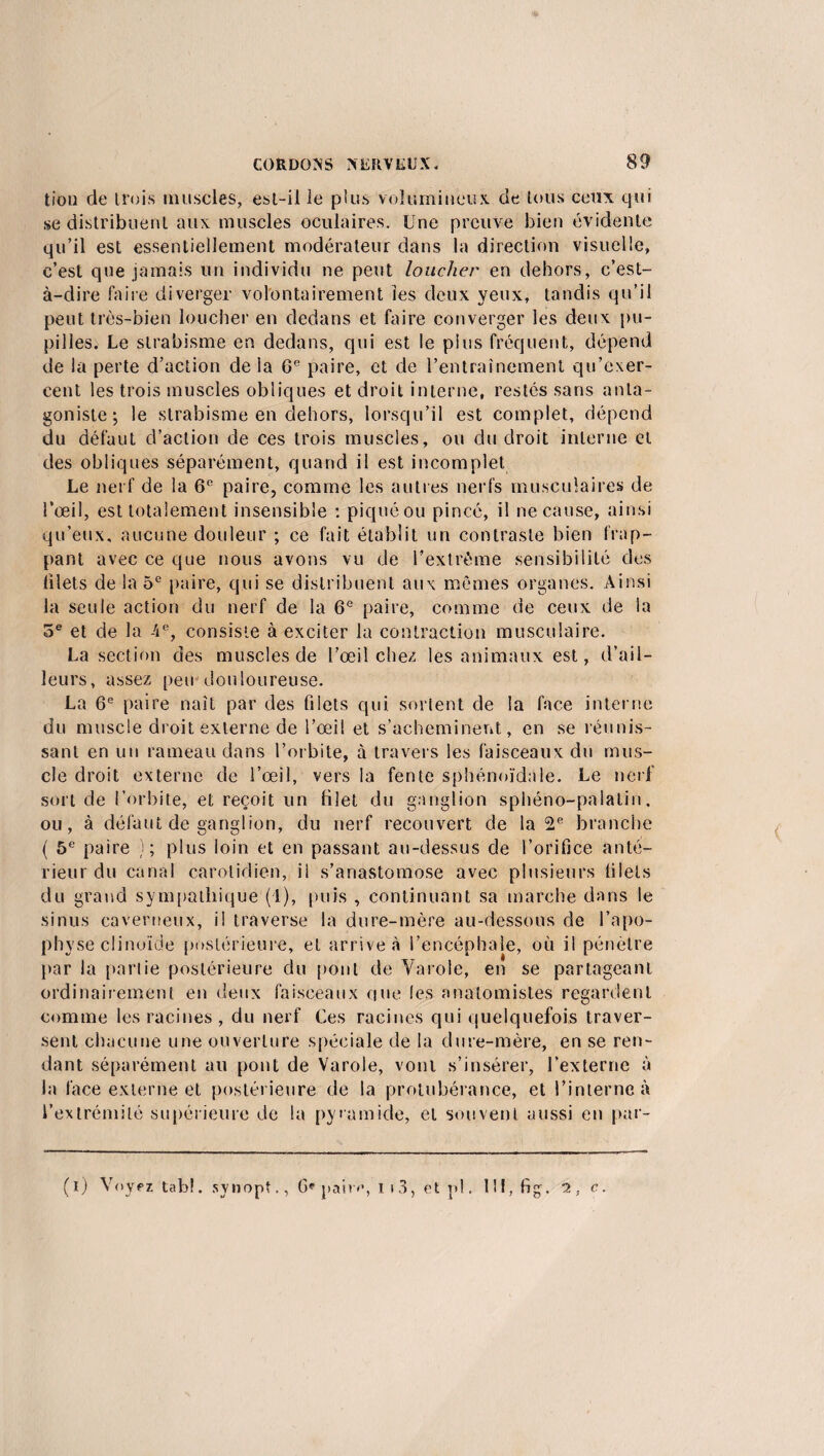 lion de trois muscles, est-il ie plus volumineux de tous ceux qui se distribuent aux muscles oculaires. Une preuve bien évidente qu’il est essentiellement modérateur dans la direction visuelle, c’est que jamais un individu ne peut loucher en dehors, c’est- à-dire faire diverger volontairement les deux yeux, tandis qu’il peut très-bien loucher en dedans et faire converger les deux pu¬ pilles. Le strabisme en dedans, qui est le plus fréquent, dépend de la perte d’action de ia 0e paire, et de l’entraînement qu’exer¬ cent les trois muscles obliques et droit interne, restés sans anta¬ goniste ; le strabisme en dehors, lorsqu’il est complet, dépend du défaut d’action de ces trois muscles, ou du droit interne et des obliques séparément, quand il est incomplet Le nerf de la 6e paire, comme les autres nerfs musculaires de l’œil, est totalement insensible : piqué ou pincé, il ne cause, ainsi qu’eux, aucune douleur ; ce fait établit un contraste bien frap¬ pant avec ce que nous avons vu de l’extrême sensibilité des filets de la 5e paire, qui se distribuent aux mêmes organes. Ainsi la seule action du nerf de la 6e paire, comme de ceux de la 5e et de la -4e, consiste à exciter la contraction musculaire. La section des muscles de l’œil chez les animaux est, d’ail¬ leurs, assez peu douloureuse. La 6e paire naît par des filets qui sortent de la face interne du muscle droit externe de l’œil et s’acheminent, en se réunis¬ sant en un rameau dans l’orbite, à travers les faisceaux du mus¬ cle droit externe de l’œil, vers la fente sphénoïdale. Le nerf sort de l’orbite, et reçoit un tilet du ganglion sphéno-palatin, ou, à défaut de ganglion, du nerf recouvert de la 2e branche ( 5e paire plus loin et en passant au-dessus de l’orifice anté¬ rieur du canal carotidien, il s’anastomose avec plusieurs filets du grand sympathique (1), puis , continuant sa marche dans le sinus caverneux, il traverse la dure-mère au-dessous de l’apo¬ physe clinoïde postérieure, et arrive à l’encéphale, où il pénètre par la partie postérieure du pont de Yarole, en se partageant ordinairement en deux faisceaux que les anatomistes regardent comme les racines, du nerf Ces racines qui quelquefois traver¬ sent chacune une ouverture spéciale de la dure-mère, en se ren¬ dant séparément au pont de Varole, vont s’insérer, l’externe à la face externe et postérieure de la protubérance, et l’interne à l’extrémité supérieure de la pyramide, et souvent aussi en par- (i) Voyez tab!. synopt., Ge pair*», 1 i 3, et pl, 111, fig. 2, c.
