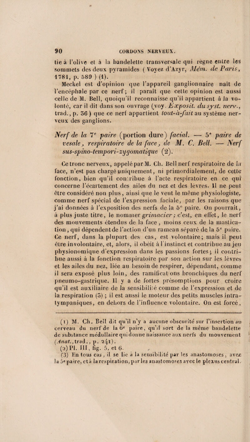 lie à l’olive et à la bandelette transversale qui régné entre les sommets des deux pyramides ( Voyez d’Azyr, Méni. de Fans, 1781, p. 589 ) (1). Meckel est d’opinion que l’appareil ganglionnaire naît de l’encéphale par ce nerf; il paraît que cette opinion est aussi celle de M. Bell, quoiqu’il reconnaisse qu’il appartient à la vo¬ lonté, car il dit dans son ouvrage (voy. Exposit. dusyst. nen'., trad., p. 56 ) que ce nerf appartient tout-à-fait au système ner¬ veux des ganglions. Nerf de la 7e paire (portion dure) facial. — 5e paire de vesale j respiratoire de la face j de M. C. Bell. — Nerf sus-spino-tempori-zygomatique (2). Ce tronc nerveux, appelé par M. Ch. Bell nerf respiratoire de la face, n’est pas chargé uniquement, ni primordialement, de cette fonction, bien qu’il contribue à l’acte respiratoire en ce qui concerne l’écartement des aile-s du nez et des lèvres. Il ne peut être considéré non plus, ainsi que le veut le môme physiologiste,, comme nerf spécial de l’expression faciale, par les raisons que j’ai données à l’exposition des nerfs de la 5e paire. On pourrait, à plus juste titre, le nommer grimacier ; c’est, en effet, le nerf des mouvements étendus de la face , moins ceux de la mastica¬ tion , qui dépendentde l’action d’un rameau séparé de la 5e paire. Ce nerf, dans la plupart des cas, est volontaire; mais il peut être involontaire, et, alors, il obéit à finstinct et contribue au jeu physionomique d’expression dans les passions fortes; il contri¬ bue aussi à la fonction respiratoire par son action sur les lèvres et les ailes du nez, liée au besoin de respirer, dépendant, comme il sera exposé plus loin, des ramificat ons bronchiques du nerf pneumo-gaslrique. Il y a de fortes présomptions pour croire qu’il est auxiliaire de la sensibiliié comme de l’expression et de la respiration (5) ; il est aussi le moteur des petits muscles intra- tympaniques, en dehors de l’influence volontaire. On est forcé, (1) M. Ch. Bell dit qu’il n’y a aucune obscurité sur l’insertion au cerveau du nerf de la 6e paire, qu’il sort de la même bandelette de substance médullaire qui donne naissance aux nerfs du mouvement (Anat., trad.,p. (2) PI. III, fig. 5, et 6. (3) En tous cas, il se lie à la sensibilité par les anastomoses, avc£ la 5e paire, età la respiration,parles anastomoses avec le plexus central,