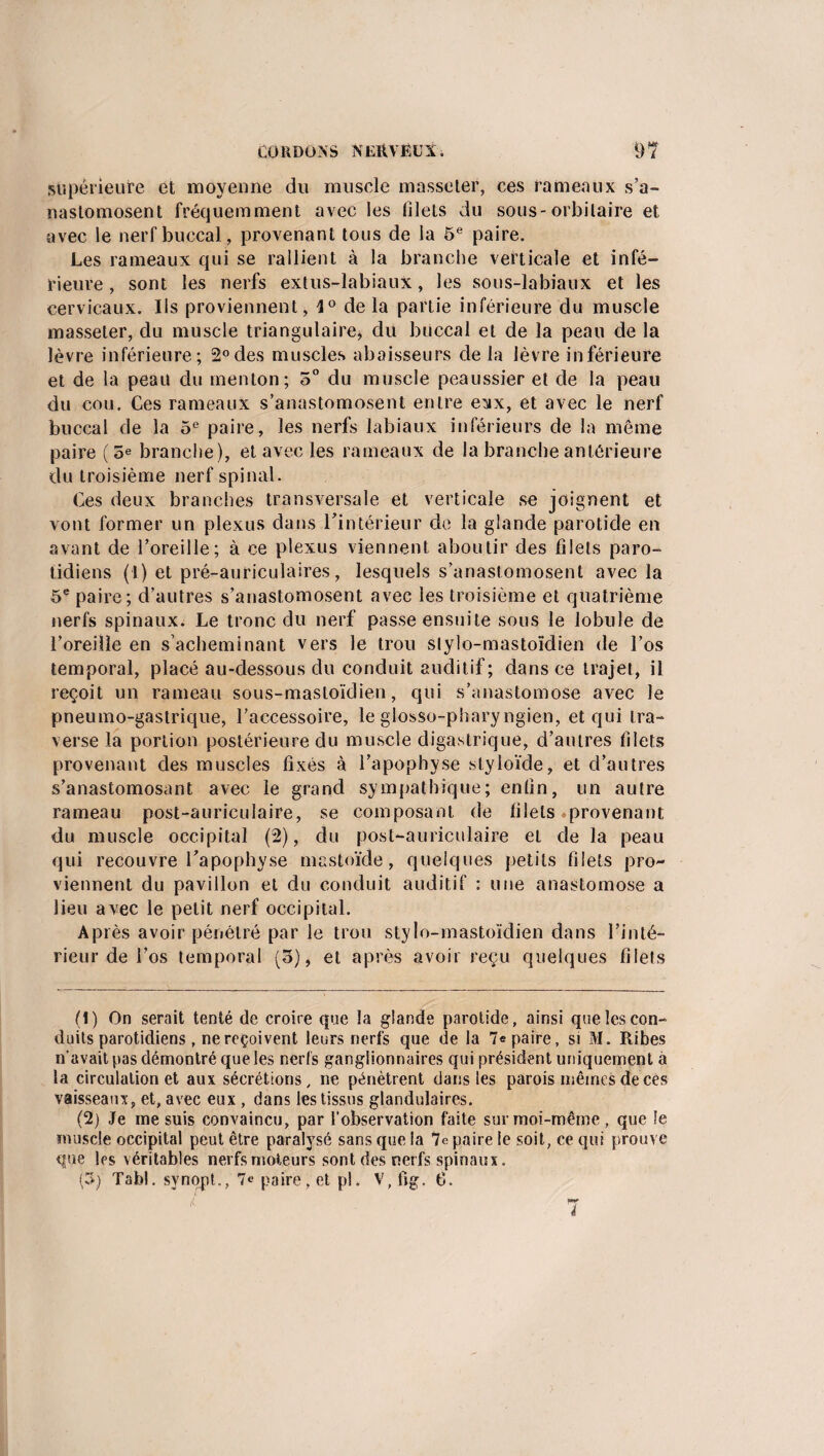 supérieure et moyenne du muscle masseler, ces rameaux s’a¬ nastomosent fréquemment avec les lîlets du sous-orbilaire et avec le nerf buccal, provenant tous de la 5e paire. Les rameaux qui se rallient à la branche verticale et infé¬ rieure, sont les nerfs extus-labiaux, les sous-labiaux et les cervicaux. Ils proviennent, 1° de la partie inférieure du muscle masseter, du muscle triangulaire* du buccal et de la peau de la lèvre inférieure; 2°des muscles abaisseurs de la lèvre inférieure et de la peau du menton; 5° du muscle peaussier et de la peau du cou. Ces rameaux s’anastomosent entre e:ax, et avec le nerf buccal de la 5e paire, les nerfs labiaux inférieurs de la même paire (5e branche), et avec les rameaux de la branche antérieure du troisième nerf spinal. Ces deux branches transversale et verticale se joignent et vont former un plexus dans l’intérieur de la glande parotide en avant de l’oreille; à ce plexus viennent aboutir des filets paro¬ tidiens (1) et pré-auriculaires, lesquels s’anastomosent avec la 5e paire; d’autres s’anastomosent avec les troisième et quatrième nerfs spinaux. Le tronc du nerf passe ensuite sous le lobule de l’oreille en s’acheminant vers le trou stylo-mastoïdien de l’os temporal, placé au-dessous du conduit auditif ; dans ce trajet, il reçoit un rameau sous-mastoïdien, qui s’anastomose avec le pneumo-gastrique, l’accessoire, le glosso-pharyngien, et qui tra¬ verse la portion postérieure du muscle digastrique, d’autres filets provenant des muscles fixés à l’apophyse styloïde, et d’autres s’anastomosant avec le grand sympathique; enfin, un autre rameau post-auriculaire, se composant de filets .provenant du muscle occipital (2), du post-auriculaire et de la peau qui recouvre l’apophyse mastoïde, quelques petits filets pro¬ viennent du pavillon et du conduit auditif : une anastomose a lieu avec le petit nerf occipital. Après avoir pénétré par le trou stylo-mastoïdien dans l’inté¬ rieur de l’os temporal (5), et après avoir reçu quelques filets (1) On serait tenté de croire que la glande parotide, ainsi quelescon- duits parotidiens, ne reçoivent leurs nerfs que de la 7«paire, si M. Ribes n’avait pas démontré que les nerfs ganglionnaires qui président uniquement à la circulation et aux sécrétions, ne pénètrent dans les parois mêmes de ces vaisseaux, et, avec eux, dans les tissus glandulaires. (2) Je me suis convaincu, par l’observation faite sur moi-même, que le muscle occipital peut être paralysé sans que la 7e paire le soit, ce qui prouve que les véritables nerfs moteurs sont des nerfs spinaux. [5) Tabl. synopt., 7c paire, et pl. V, fig. G. 7