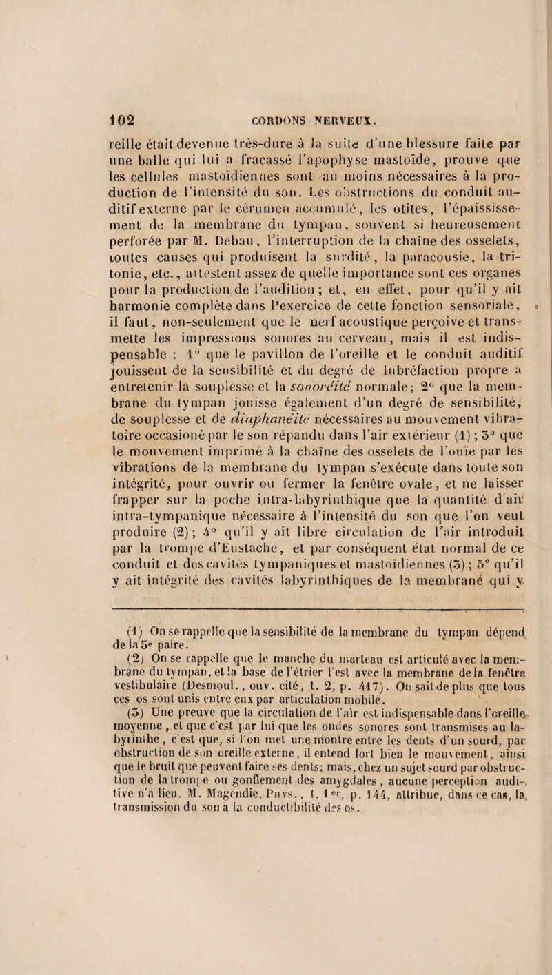veille était devenue très-dure à Ja suite d’une blessure faite par une balle qui lui a fracassé l’apophyse mastoïde, prouve que les cellules mastoïdiennes sont au moins nécessaires à la pro¬ duction de l'intensité du son. Les obstructions du conduit au¬ ditif externe par le cérumen accumulé, les otites, l’épaississe¬ ment de la membrane du tympan, souvent si heureusement perforée par M. Debau, l’interruption de la chaîne des osselets, toutes causes qui produisent la surdité, la paracousie, la tri- tonie, etc., attestent assez de quelle importance sont ces organes pour la production de l’audition; et, en effet, pour qu’il y ait harmonie complète dans l’exercice de cette fonction sensoriale, il faut, non-seulement que le nerf acoustique perçoive et trans¬ mette les impressions sonores au cerveau, mais il est indis¬ pensable : 1° que le pavillon de l’oreille et le conduit auditif jouissent de la sensibilité et du degré de lubréfaction propre a entretenir la souplesse et la sonoréitc normale; 2° que la mem¬ brane du tympan jouisse également d’un degré de sensibilité, de souplesse et de diaphanéilé nécessaires au mou vement vibra¬ toire occasioné par le son répandu dans l’air extérieur (1) ; 5° que le mouvement imprimé à la chaîne des osselets de l’ouïe par les vibrations de la membrane du tympan s’exécute dans toute son intégrité, pour ouvrir ou fermer la fenêtre ovale, et ne laisser frapper sur la poche inlra-labyrinthique que la quantité d air intra-tympanique nécessaire à l’intensité du son que l’on veut produire (2); 4° qu’il y ait libre circulation de l’air introduit par la trompe d’Eustache, et par conséquent état normal de ce conduit et des cavités tympaniques et mastoïdiennes (5) ; 5° qu’il y ait intégrité des cavités labyrinthiques de la membrané qui v. (1) On se rappelle que la sensibilité de la membrane du tympan dépend de la 5e paire. (2) On se rappelle que le manche du marteau est articulé avec la mem¬ brane du tympan, et la base de l’étrier l'est avec la membrane delà fenêtre vestibulaire (Desmoul., ouv. cité, t. 2, p. 417). On saitde plus que tous ces os sont unis entre eux par articulation mobile. (5) Une preuve que la circulation de l'air est indispensable dans.l’oreill<v moyenne , et que c’est par lui que les ondes sonores sont transmises au la¬ byrinthe, c’est que, si l'on met une montre entre les dents d’un sourd, par obstruction de son oreille externe, il entend fort bien le mouvement, ainsi que le bruit que peuvent faire ses dents; mais, chez un sujet sourd par obstruc¬ tion de la trompe ou gonflement des amygdales, aucune perception audi-, tive n'a lieu. M. Magendie, Phys. , t. 1 er, p. \aa, attribue, dans ce cas, la, transmission du son à la conductibilité des os.