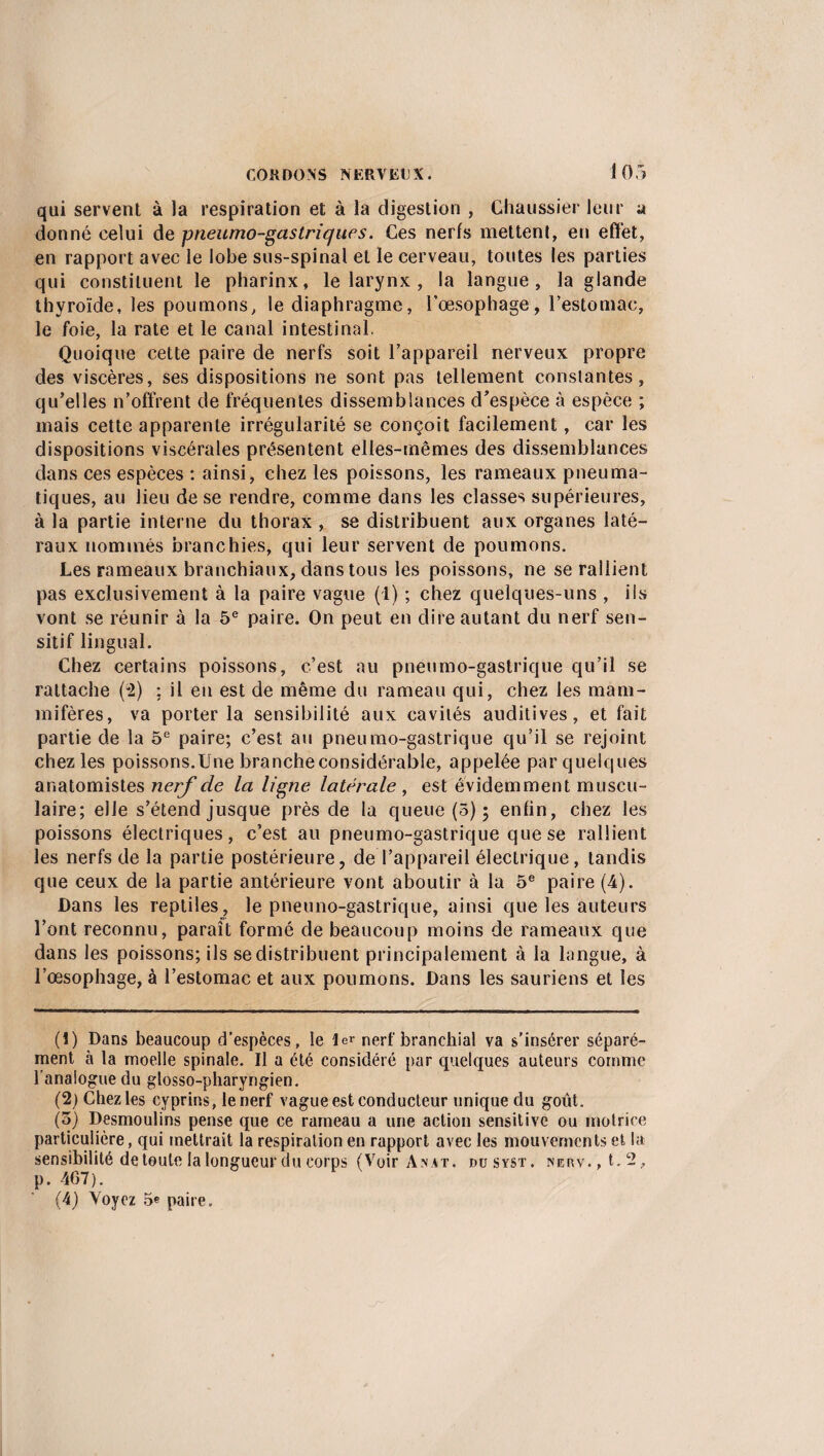 qui servent à la respiration et à la digestion , Chaussier leur a donné celui de pneumo-gas trique s. Ces nerfs mettent, eti effet, en rapport avec le lobe sus-spinal et le cerveau, toutes les parties qui constituent le pharinx, le larynx , la langue, la glande thyroïde, les poumons, le diaphragme, l'oesophage, l’estomac, le foie, la rate et le canal intestinal. Quoique cette paire de nerfs soit l’appareil nerveux propre des viscères, ses dispositions ne sont pas tellement constantes, qu’elles n’offrent de fréquentes dissemblances d’espèce à espèce ; mais cette apparente irrégularité se conçoit facilement, car les dispositions viscérales présentent elles-mêmes des dissemblances dans ces espèces : ainsi, chez les poissons, les rameaux pneuma¬ tiques, au lieu de se rendre, comme dans les classes supérieures, à la partie interne du thorax , se distribuent aux organes laté¬ raux nommés branchies, qui leur servent de poumons. Les rameaux branchiaux, dans tous les poissons, ne se rallient pas exclusivement à la paire vague (1) ; chez quelques-uns , ils vont se réunir à la 5e paire. On peut en dire autant du nerf sen¬ sitif lingual. Chez certains poissons, c’est au pneumo-gastrique qu’il se rattache (-2) ; il en est de même du rameau qui, chez les mam¬ mifères, va porter la sensibilité aux cavités auditives, et fait partie de la 5e paire; c’est au pneumo-gastrique qu’il se rejoint chez les poissons.Une branche considérable, appelée par quelques anatomistes nerf de la ligne latérale , est évidemment muscu¬ laire; elle s’étend jusque près de la queue (5) ; enfin, chez les poissons électriques, c’est au pneumo-gastrique que se rallient les nerfs de la partie postérieure, de l’appareil électrique, tandis que ceux de la partie antérieure vont aboutir à la 5e paire (4). Dans les reptiles, le pneuno-gastrique, ainsi que les auteurs l’ont reconnu, paraît formé de beaucoup moins de rameaux que dans les poissons; ils se distribuent principalement à la langue, à l’œsophage, à l’estomac et aux poumons. Dans les sauriens et les (1) Dans beaucoup d’espèces, le 1er nerf branchial va s’insérer séparé¬ ment à la moelle spinale. Il a été considéré par quelques auteurs comme l’analogue du glosso-pharyngien. (2) Chez les cyprins, le nerf vague est conducteur unique du goût. (5) Desmoulins pense que ce rameau a une action sensitive ou motrice particulière, qui mettrait la respiration en rapport avec les mouvements et la sensibilité de toute la longueur du corps (Voir Asat. dusyst. nerv. , t. 2, p. 467). (4) Voyez 5e paire.