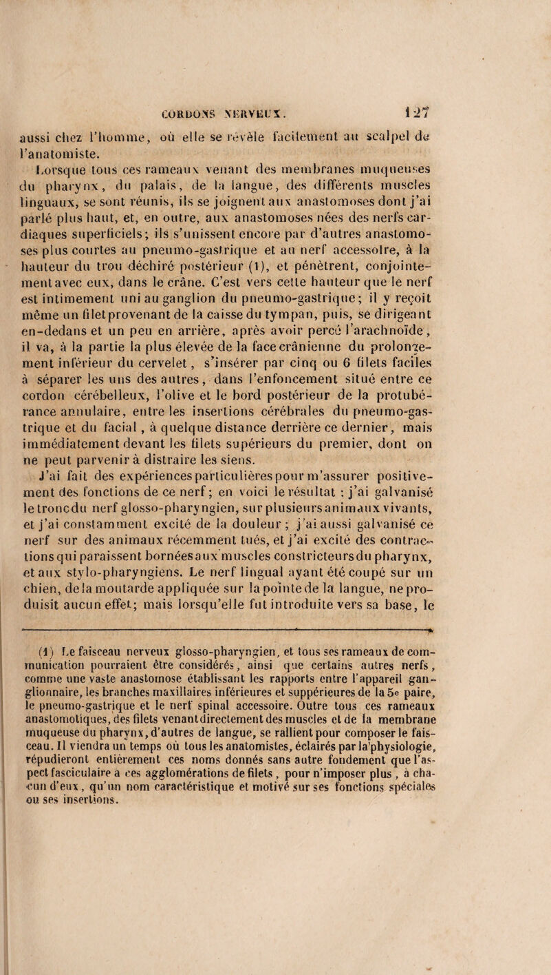 aussi chez l'homme, où elle se révèle facilement ait scalpel de l’anatomiste. Lorsque tous ces rameaux venant des membranes muqueuses du pharynx, du palais, de la langue, des différents muscles linguaux, se sont réunis, ils se joignent aux anastomoses dont j’ai parlé plus haut, et, en outre, aux anastomoses nées des nerfs car¬ diaques superficiels; ils s’unissent encore par d’autres anastomo¬ ses plus courtes au pneumo-gastrique et au nerf accessoire, à la hauteur du trou déchiré postérieur (1), et pénètrent, conjointe¬ ment avec eux, dans le crâne. C’est vers cette hauteur que le nerf est intimement uni au ganglion du pneumo-gastrique; il y reçoit même un filetprovenant de la caisse du tympan, puis, se dirigeant en-dedans et un peu en arrière, après avoir percé l’arachnoïde , il va, à la partie la plus élevée de la face crânienne du prolonge¬ ment inférieur du cervelet, s’insérer par cinq ou 6 filets faciles à séparer les uns des autres, dans l’enfoncement situé entre ce cordon cérébelleux, l’olive et le bord postérieur de la protubé¬ rance annulaire, entre les insertions cérébrales du pneumo-gas¬ trique et du facial, à quelque distance derrière ce dernier, mais immédiatement devant les filets supérieurs du premier, dont on ne peut parvenir à distraire les siens. J’ai fait des expériences particulières pour m’assurer positive¬ ment des fonctions de ce nerf; en voici le résultat : j’ai galvanisé le troncdu nerf glosso-pharyngien, sur plusieursanimaux vivants, et j’ai constamment excité de la douleur; j’ai aussi galvanisé ce nerf sur des animaux récemment tués, et j’ai excité des contrac¬ tions qui paraissent bornées aux muscles constricteursdu pharynx, et aux stylo-pharyngiens. Le nerf lingual ayant été coupé sur un chien, delà moutarde appliquée sur la pointe de la langue, ne pro¬ duisit aucun effet; mais lorsqu’elle fut introduite vers sa base, le (1) Le faisceau nerveux glosso-pharyngien, et tous ses rameaux de com¬ munication pourraient être considérés, ainsi que certains autres nerfs, comme une vaste anastomose établissant les rapports entre l’appareil gan¬ glionnaire, les branches maxillaires inférieures et suppérieures de la 5e paire, le pneumo-gastrique et le nerf spinal accessoire. Outre tous ces rameaux anastomotiques, des filets venantdireclement des muscles et de la membrane muqueuse du pharynx,d’autres de langue, se rallient pour composer le fais¬ ceau. Il viendra un temps où tous les anatomistes, éclairés par la’physiologie, répudieront entièrement ces noms donnés sans autre fondement que l’as¬ pect fasciculaire â ces agglomérations de filets, pour n’imposer plus , à cha¬ cun d’eux, qu’un nom caractéristique et motivé sur ses fonctions spéciales ou ses insertions.
