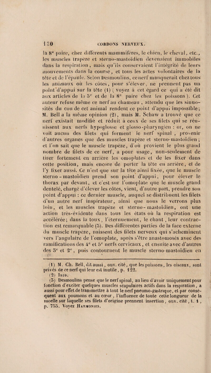 !a 8“ poire, chez différents mammifères, le chien, le cheval, etc., les muscles trapèze et sterno-mastoïdien devenaient immobiles dans la respiration, mais qu’ils conservaient l’intégrité de leurs mouvements dans la coursé, et tous les actes volontaires de la tête et de l’épaule. Selon Desmoulins, ce nerf manquerait chez tous les animaux où les cotes, pour s’élever, ne prennent pas un point d’appui sur la tête (1) ( voyez à cet égard ce qui a été dit aux articles de la 5e et de la 8e paire chez les poissons). Cet auteur refuse même ce nerf au chameau , attendu que les sinuo¬ sités du cou de cet animal rendent ce point d’appui impossible; M. Bell a la même opinion (2), mais M. Schaw a trouvé que ce nerf existait modifié et réduit à ceux de ses filets qui se réu¬ nissent aux nerfs hypoglosse et giosso‘pharyngien : or, on ne voit aucun des filets qui forment le nerf spinal , provenir d'autres organes que des muscles trapèze et sterno-mastoïdien; et l’on sait que le muscle trapèze, d'où provient le plus grand nombre de filets de ce nerf, a pour usage, non-seulement de tirer fortement cri arrière les omoplates et de les fixer dans celte position, mais encore de porter la tôle en arrière, et de l’y fixer aussi. Ce n’est que sur la tête ainsi fixée, que le muscle sterno-mastoïdien prend son point d’appui, pour élever le thorax par devant, et c’est sur l’omoplate que le muscle grand dentelé, chargé d’élever les côtes, vient, d’autre part, prendre son point d’appui : ce dernier muscle, auquel se distribuent les filets d’un autre nerf inspirateur, ainsi que nous le verrons plus loin, et les muscles trapèze et sterno-mastoïdien, ont une action très-évidente dans tous les états où la respiration est accélérée; dans la toux, l’éternuement, le chant, leur contrac¬ tion est remarquable (5). Des différentes parties de la face externe du muscle trapèze, naissent des filets nerveux qui s’acheminent vers l’angulaire de l'omoplate, après s’être anastomosés avec des ramifications des 4e et 5e nerfs cervicaux, et ensuite avec d’autres des 5e et 2e, puis contournent le muscle sterno-mastoïdien en (1) M. Ch. Bell, dit aussi, ouv.cité, que les poissons, les oiseaux, sont privés <ie ce nerf qui leur est inutile, p. 122. (2) Ibid. (3) Desinoulins pense que le nerf spinal, au lieu d’avoir uniquement pour fonction d’exciter quelques muscles scapulaires actifs dans la respiration , a aussi pour effet de transmettre atout le nerf pneumo-gastrique, et par consé¬ quent aux poumons et au cœur, l’influence de toute cette longueur de la moelle sur laquelle ses filets d’origine prennent insertion, ouv. cité , t. 1 , p. 755. Voyez Hakwonies.