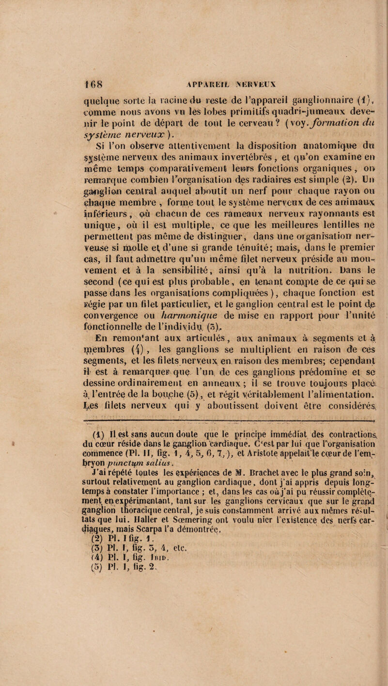 quelque sorte la racine du reste de l’appareil ganglionnaire (1), comme nous avons vu les lobes primitifs quadrijumeaux deve¬ nir le point de départ de tout le cerveau? (voy.formation du système nerveux ). Si l’on observe attentivement la disposition anatomique du système nerveux des animaux invertébrés, et qu’on examine en même temps comparativement leurs fonctions organiques, on remarque combien l’organisation des radiaires est simple (2). Un ganglion central auquel aboutit un nerf pour chaque rayon ou chaque membre , forme tout le système nerveux de ces animaux inférieurs, qù chacun de ces rameaux nerveux rayonnants est unique, où il est multiple, ce que les meilleures lentilles ne permettent pas même de distinguer, dans une organisation ner¬ veuse si molle et d’une si grande ténuité; mais, dans le premier cas, il faut admettre qu’un même filet nerveux préside au mou» vement et à la sensibilité, ainsi qu’à la nutrition, bans le second (ce qui est plus probable, en tenant compte de ce qui se passe dans les organisations compliquées ), chaque fonction est régie par un filet particulier, et le ganglion central est le point de convergence ou harmonique de mise en rapport pour l’unité fonctionnelle de l’individu (3),. En remon’ant aux articulés, aux animaux à segments et à qaembres (4) , les ganglions se multiplient en raison de ees segments, et les filets nerveux en.raison des membres; cependant il est à remarquer que l’un de ces ganglions prédomine et se dessine ordinairement en anneaux; il se trouve toujours placé. à; l’entrée de la bouche (5) , et régit véritablement l’alimentation. Les filets nerveux qui y aboutissent doivent être considérés. (1) Il est sans aucun doute que le principe immédiat des contractions, du cœur réside-dans le ganglion cardiaque. C'est par lui que l’organisation commence (PI. II, fig. 1, 4, 5., 0, 7, ), et Aristote appelaitle cœur de l'em¬ bryon punctum salius. J'ai répété toutes les expériences de M. Brachet avec le plus grand soin, surtout relativement au ganglion cardiaque, dont j’ai appris depuis long¬ temps à constater l’importance ; et, dans les cas oùj’ai pu réussir complète¬ ment en expérimentant, tant sur les ganglions cervicaux que sur le grand ganglion thoracique central, je suis constamment arrivé aux mêmes résul¬ tats que lui. Haller et Sœmering ont voulu nier l’existence des nerfs car¬ diaques, mais Scarpa l’a démontrée, (2) PI. Ifig. I. (3) PI. I, fig. 3, 4, etc, (4) PI. I, fig. Ibid. (5) PI. I, fig. 2, /